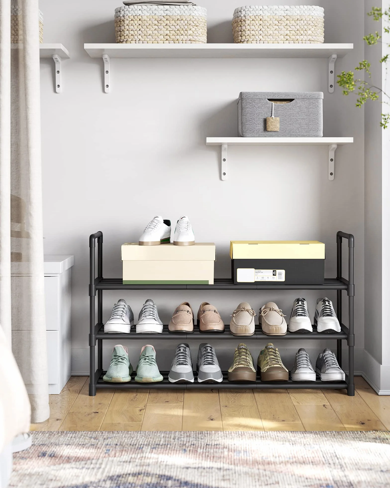 SONGMICS Regał na buty, 3-poziomowy, metalowy, 12-15 par, do korytarza, salonu, sypialni, 30 x 92 x 55 cm, czarny, LSA303B02