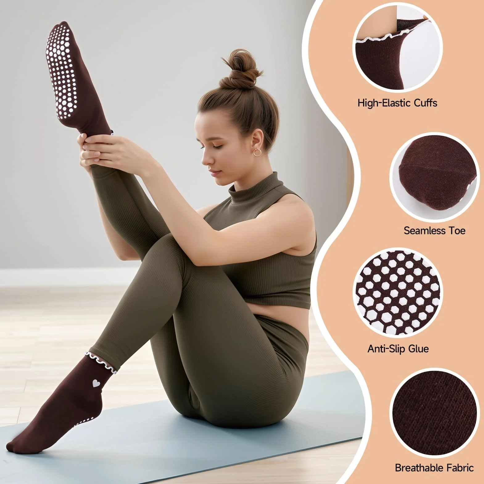 4 pary skarpet do pilatesu, jogi, stoperów, damskie z wypustkami, długość do połowy łydki, rozmiar 36-40, bawełna, oddychające, do pilatesu, fitnessu, jogi, dla kobiet w ciąży