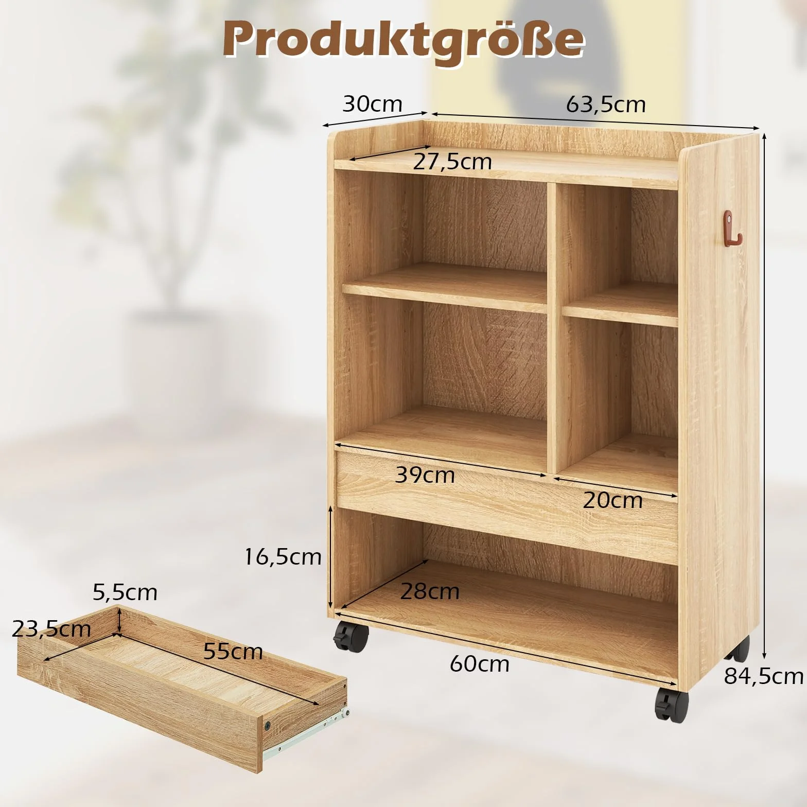 COSTWAY Przenośny kontener na kółkach z szufladą, szafka biurowa z regulowanymi półkami, naturalny