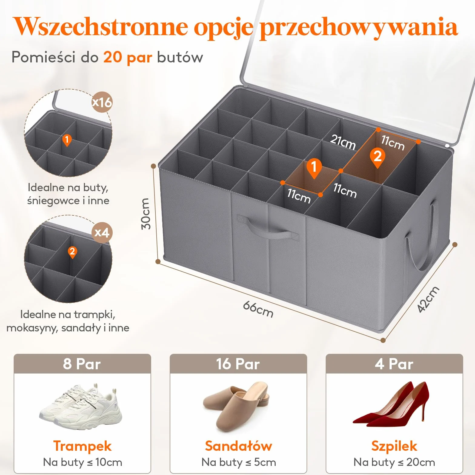 Lifewit Duży organizer na buty składane pudełko przezroczystą pokrywą wzmocnionymi uchwytami szary