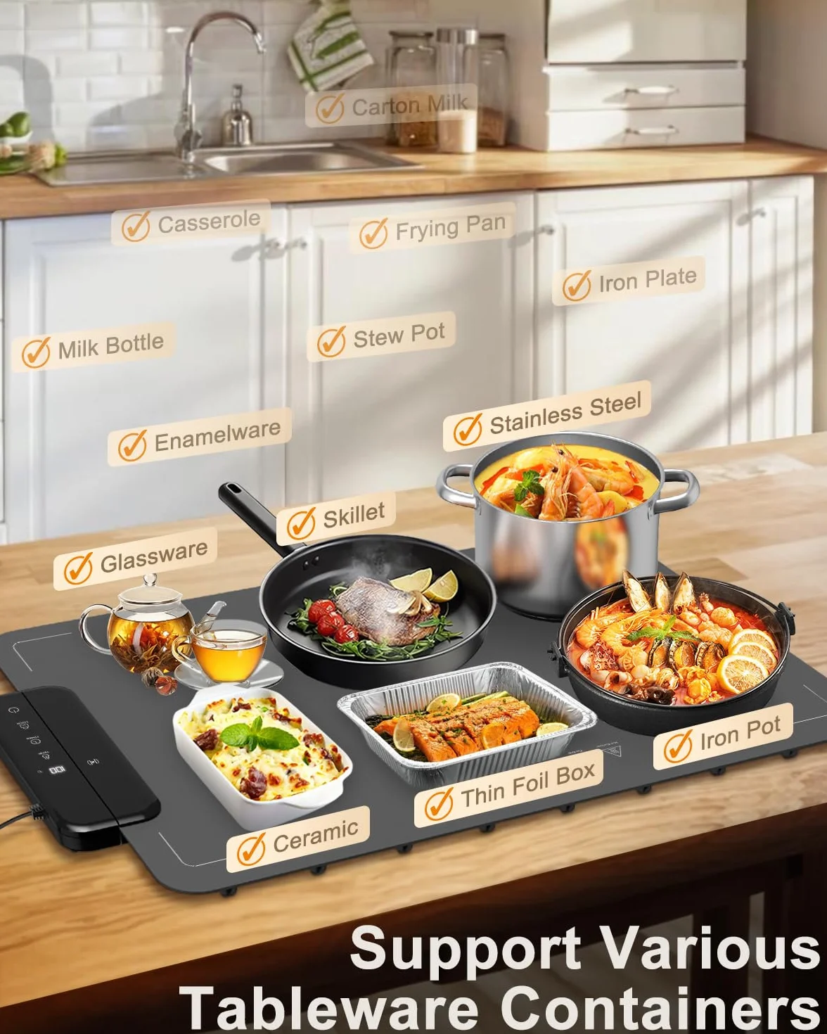 Food Warming Elektryczna płyta do podgrzewania z silikonu na potrawy | 6 stopni regulacji temperatury (40–100°C), timer i zabezpieczenie dla dzieci | Przenośna mata grzewcza do bufetu, imprezy