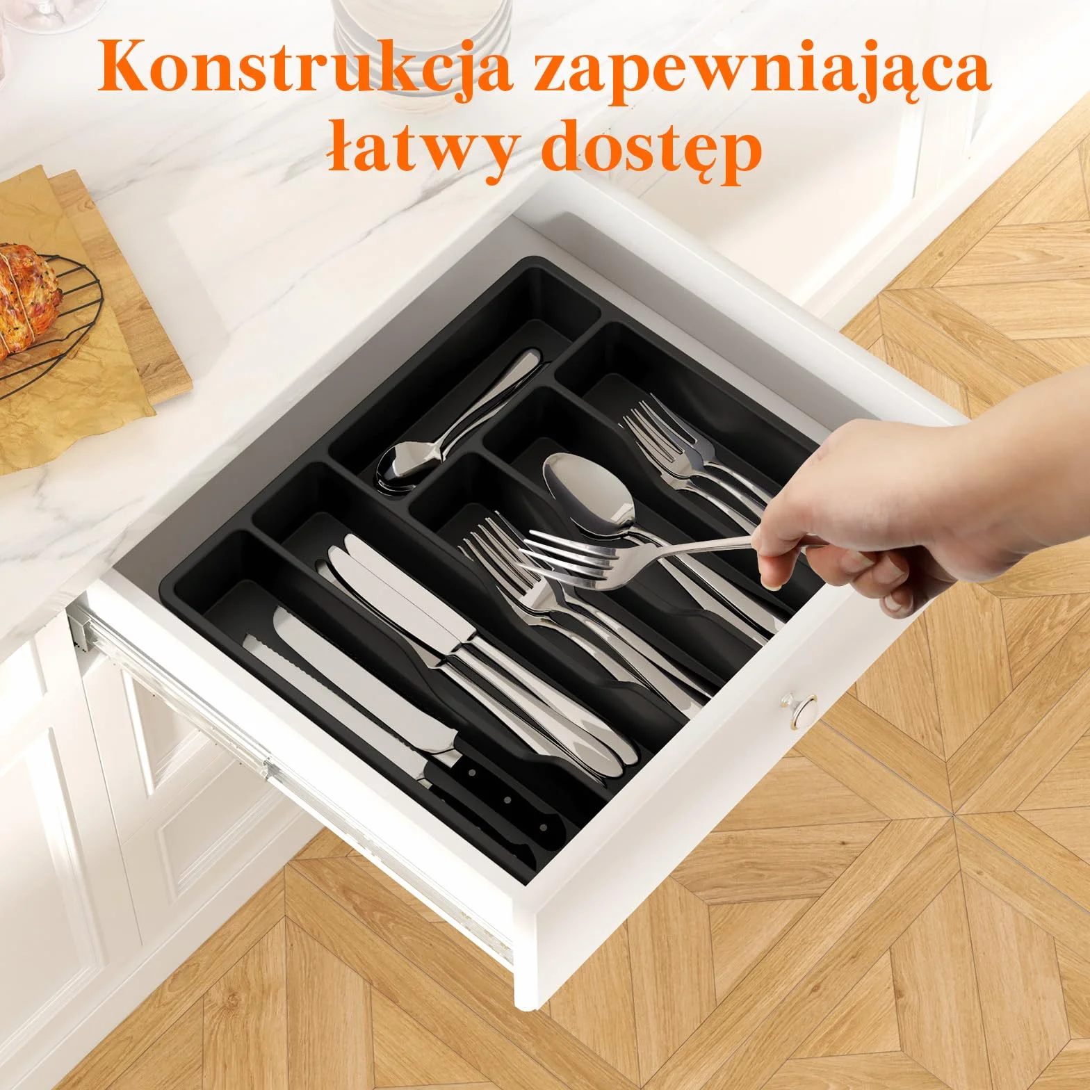 Taca na sztućce Lifewit z pokrywką, pojemnik na sztućce do szuflady kuchennej i na blat, plastikowa szuflada na sztućce, organizer na łyżki, widelce, noże, 6 przegródek, czarny