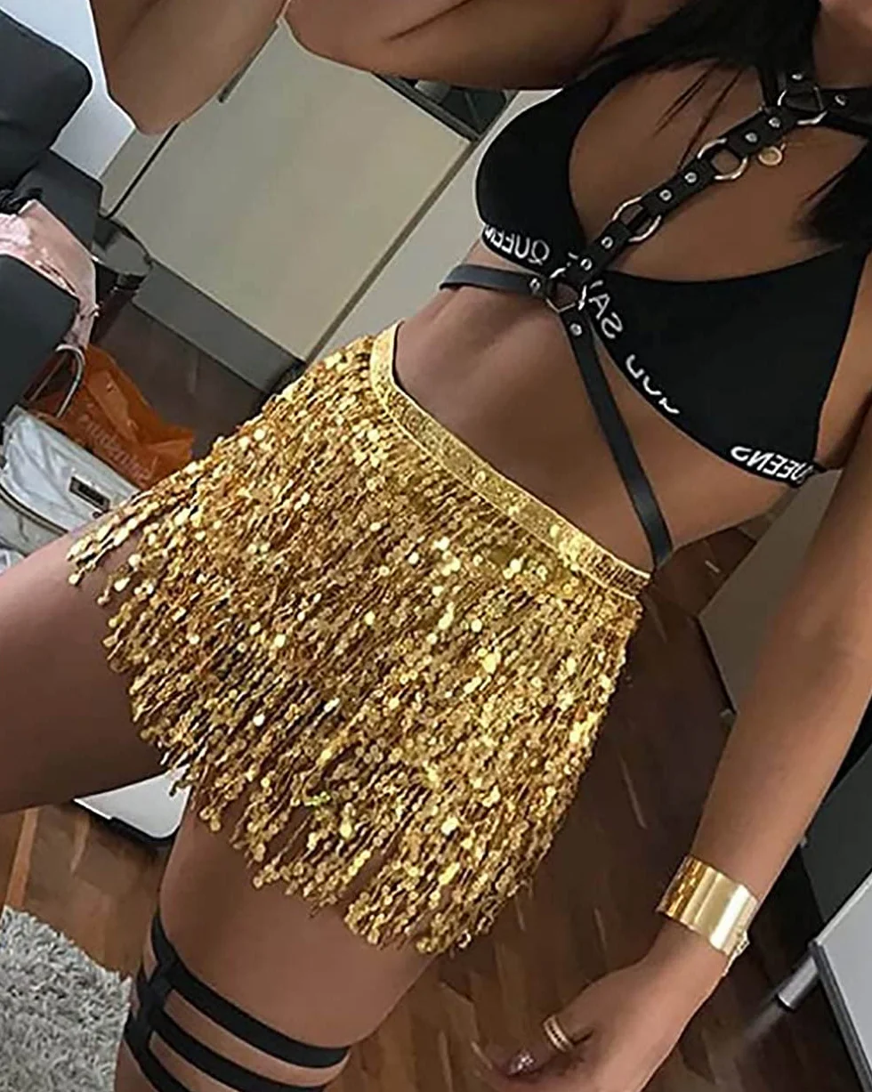 Spódnica do tańca brzucha pas biodrowy cekinowa spódnica z frędzlami chusta chusta na festiwal muzyki rave kostium dla kobiet dziewcząt