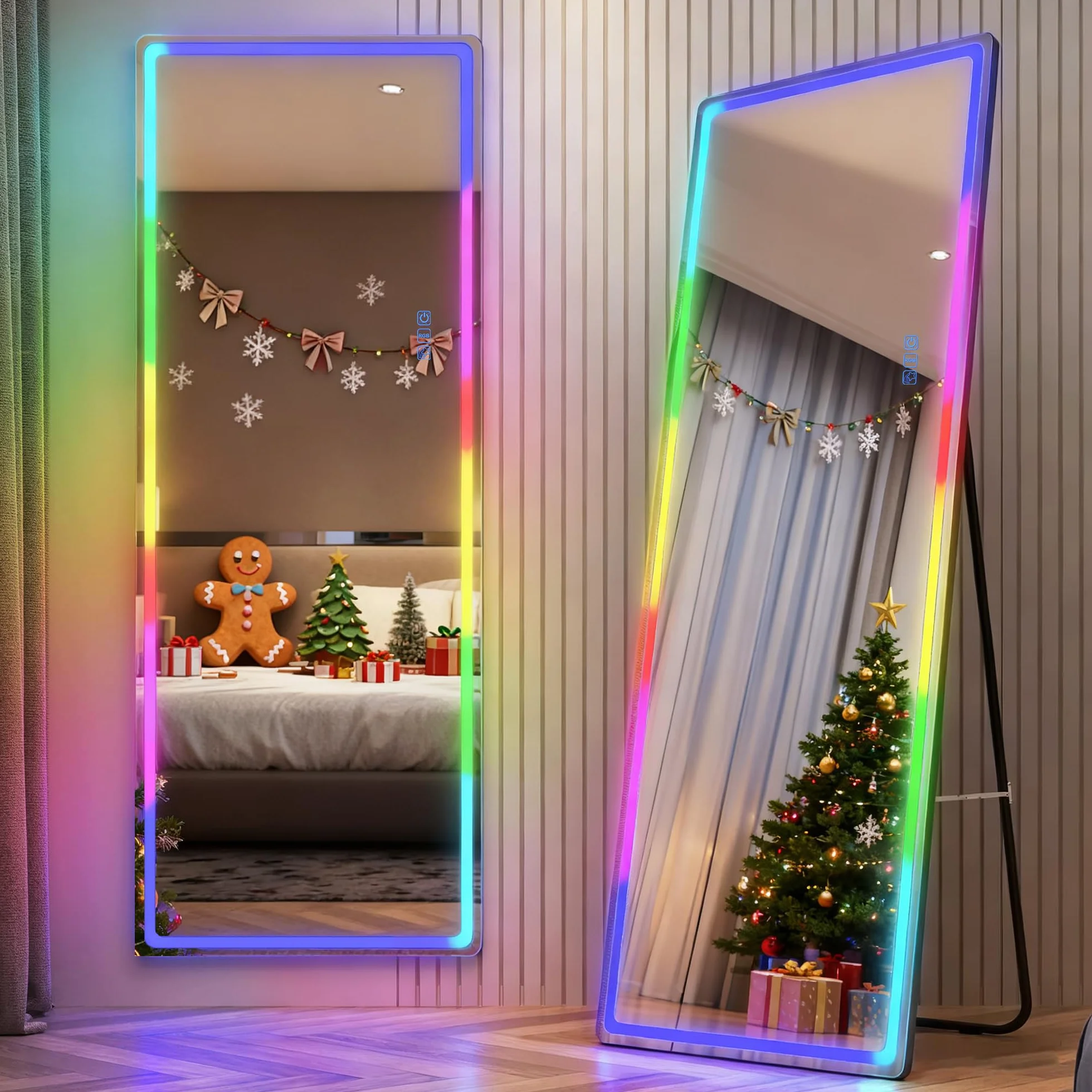 LVSOMT Lustro pełnowymiarowe RGB z oświetleniem, 153 x 50 cm, lustro stojące pełnowymiarowe bez ramy, duże lustro ścienne LED do sypialni, salonu, 7 trybów dynamicznych i 7 kolorów światła, czarne