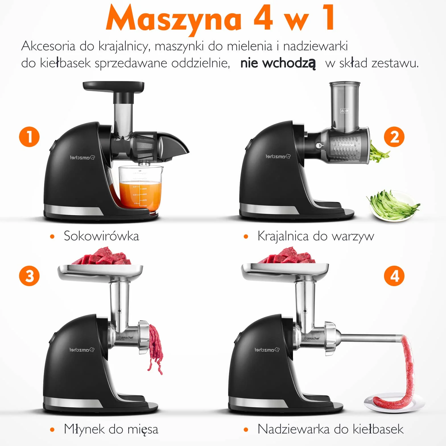 AMZCHEF Wolnoobrotowa Wyciskarka Do Soków Na Zimno Czarny matowy