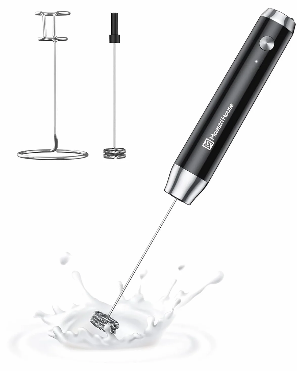 Maestri House Akumulatorowy spieniacz do mleka ze stojakiem, ręczny elektryczny ekspres do piany, wodoodporny, odłączany, ze stali nierdzewnej, mikser do napojów, latte, cappuccino