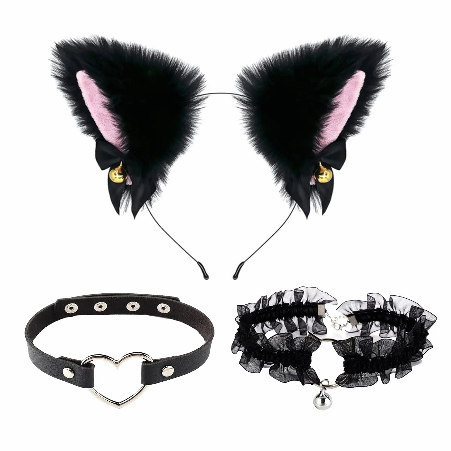 TSHAOUN Kostium zwierzęcy, kot, cosplay, kostium, kocie uszy, opaska na głowę z naszyjnikiem z dzwoneczkami, na imprezę, Halloween, Boże Narodzenie, karnawał, do odgrywania ról.