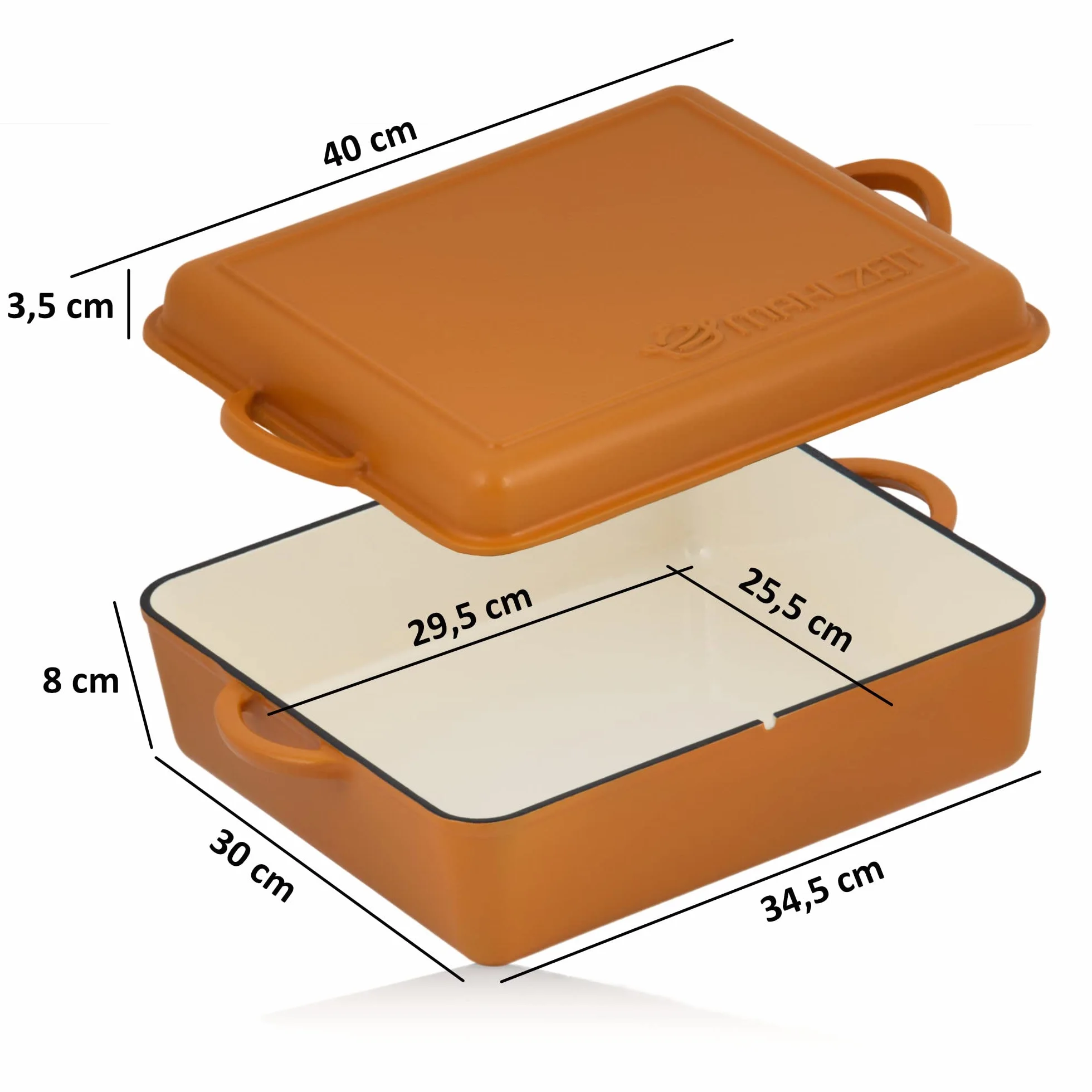Mahlzeit Żeliwo emaliowane naczynie do pieczenia | 10,5 litra | Sunny Orange | brytfanna 2 w 1 z patelnią | brytfanna z pokrywką nadaje się do piekarnika, emaliowania, do duszenia, żeliwa