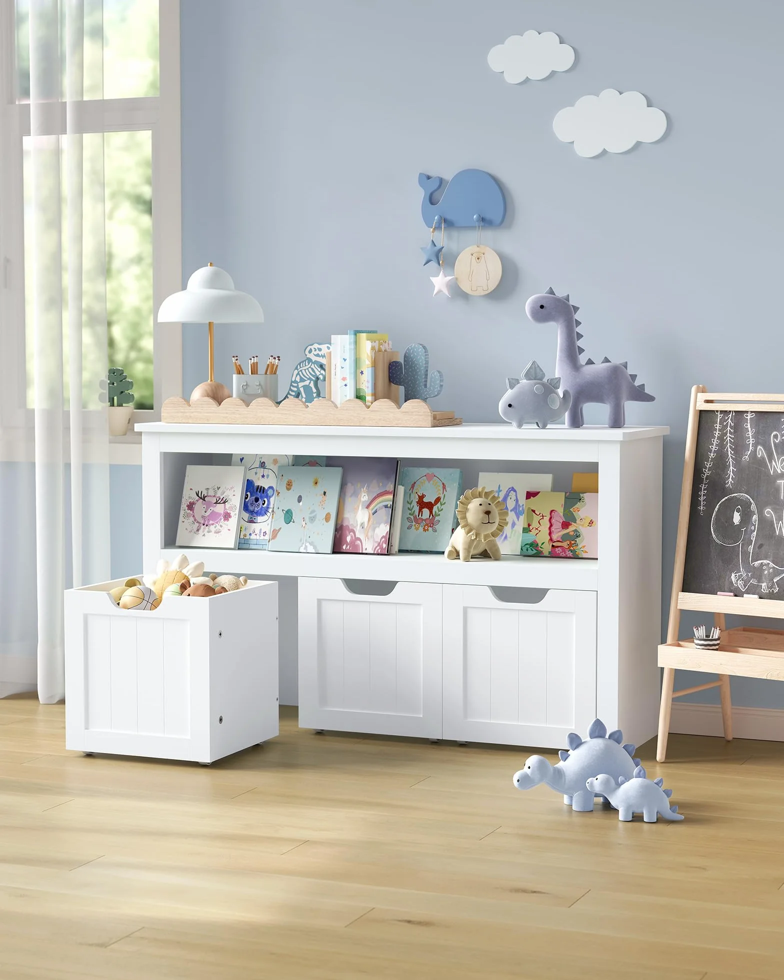 VASAGLE Szafka do przechowywania zabawek 3 półki na kółkach 30x102x60 cm biały