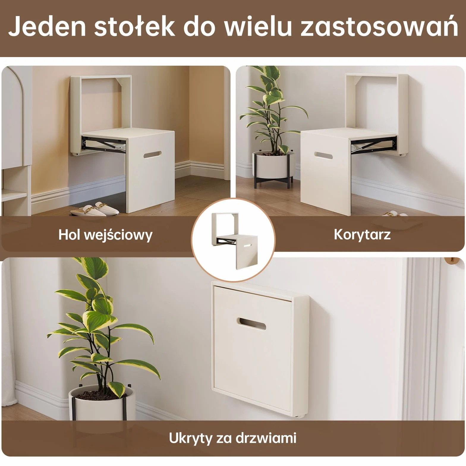 Nowoczesne krzesło ścienne składane, oszczędzające miejsce – praktyczne siedzisko do przedpokoju, korytarza, kuchni, balkonu i łazienki, kompaktowe składane krzesło do domu, mieszkania i biura, biały