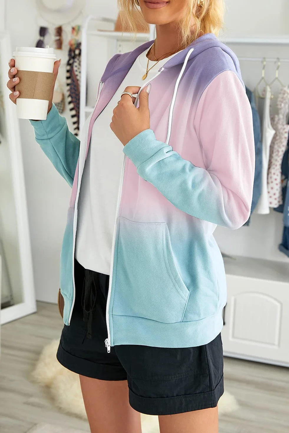 HVEPUO Damska Bluza Batik Zip Up, Nadruk Gradientowy Y2k