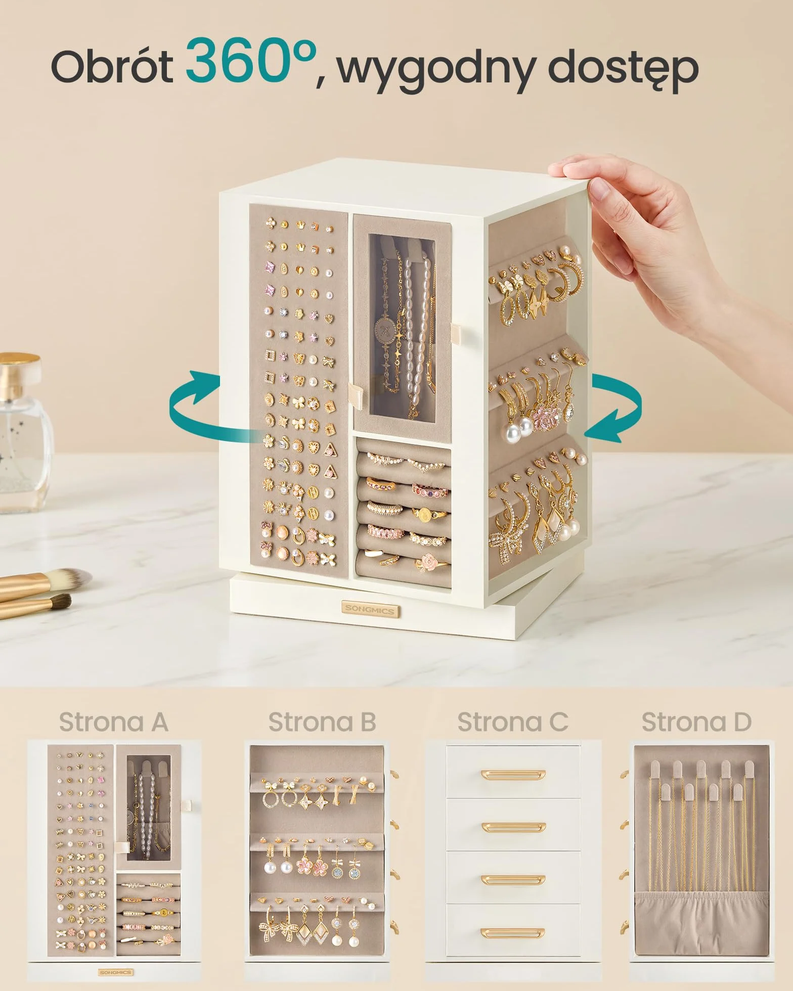 SONGMICS Pudełko na biżuterię, obrotowe 360°, pudełko do przechowywania biżuterii z 4 szufladami, na naszyjniki, bransoletki, pierścionki, kolczyki, pomysł na prezent, kremowo-białe JBC211WD01