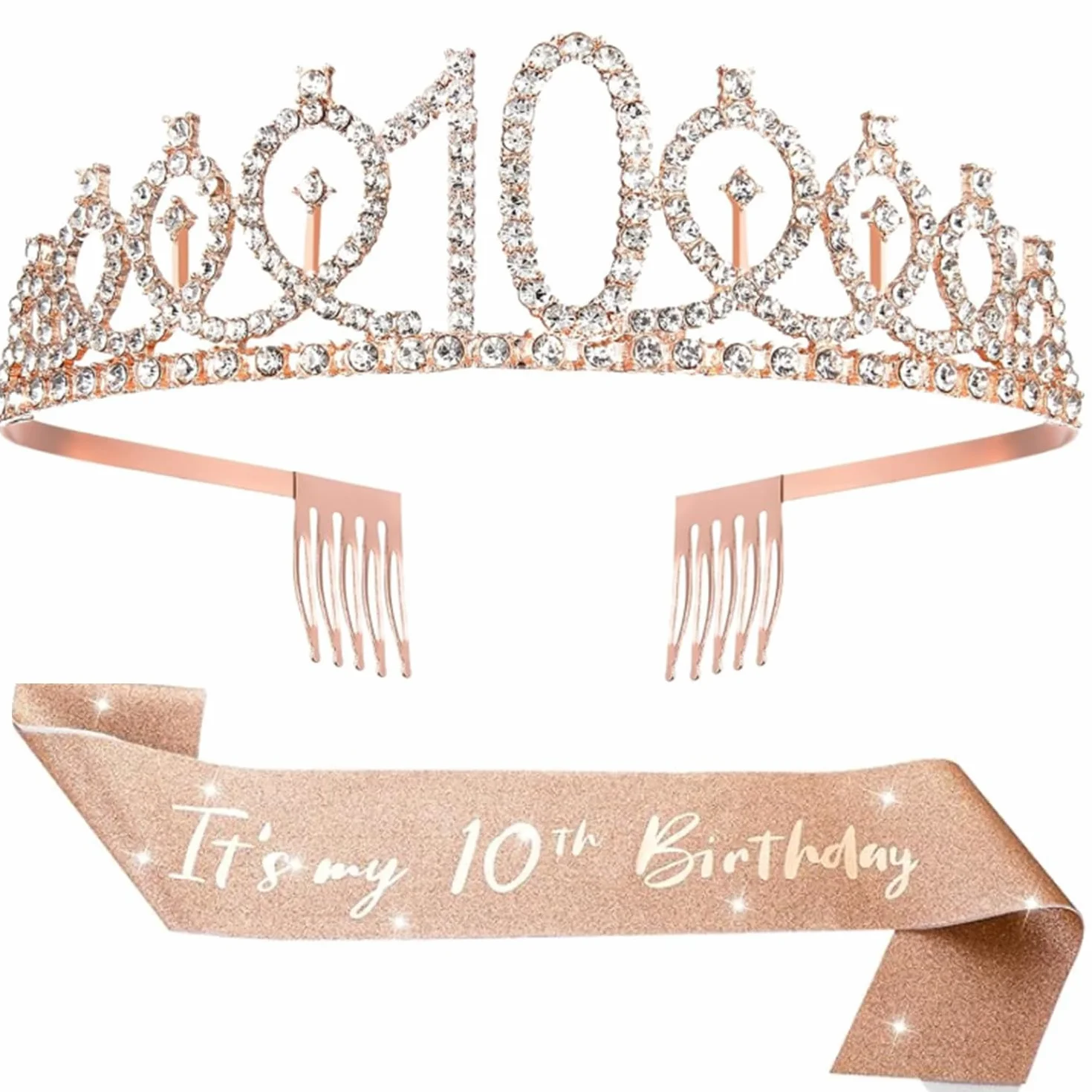 Zestaw tiara i szarfa dla dziewcząt na 10. urodziny – korona ze strasu w kolorze różowego złota i brokatowa szarfa "It's My 10th Birthday", regulowane dekoracje urodzinowe księżniczki, upominki na