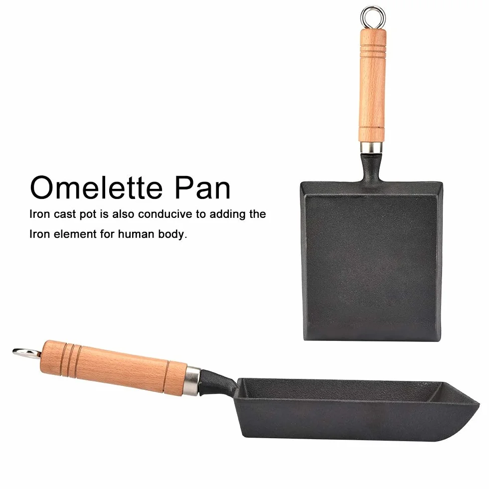 ASHATA Japońska Mini Tamagoyaki Omlet Patelnia do jajek Kwadratowa patelnia żeliwna prostokątna patelnia z drewnianym uchwytem, nieprzywierająca (37 x 15,5 cm/14,6 * 6,1 cala)