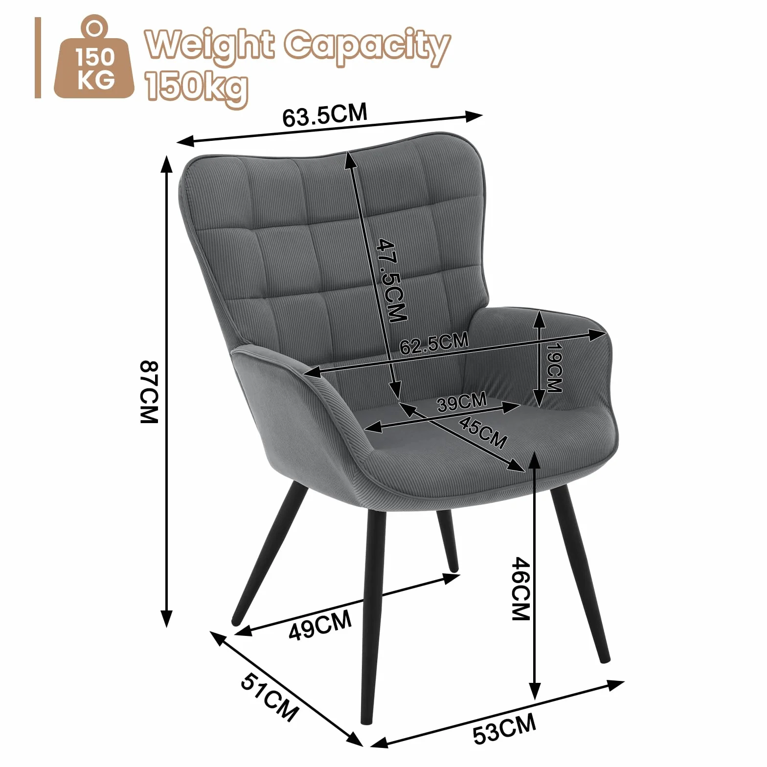 WOLTU fotel z uszami nowoczesny do salonu metalowe nogi tkanina aksamitna 63,5 x 51 x 87 cm ciemnoszary