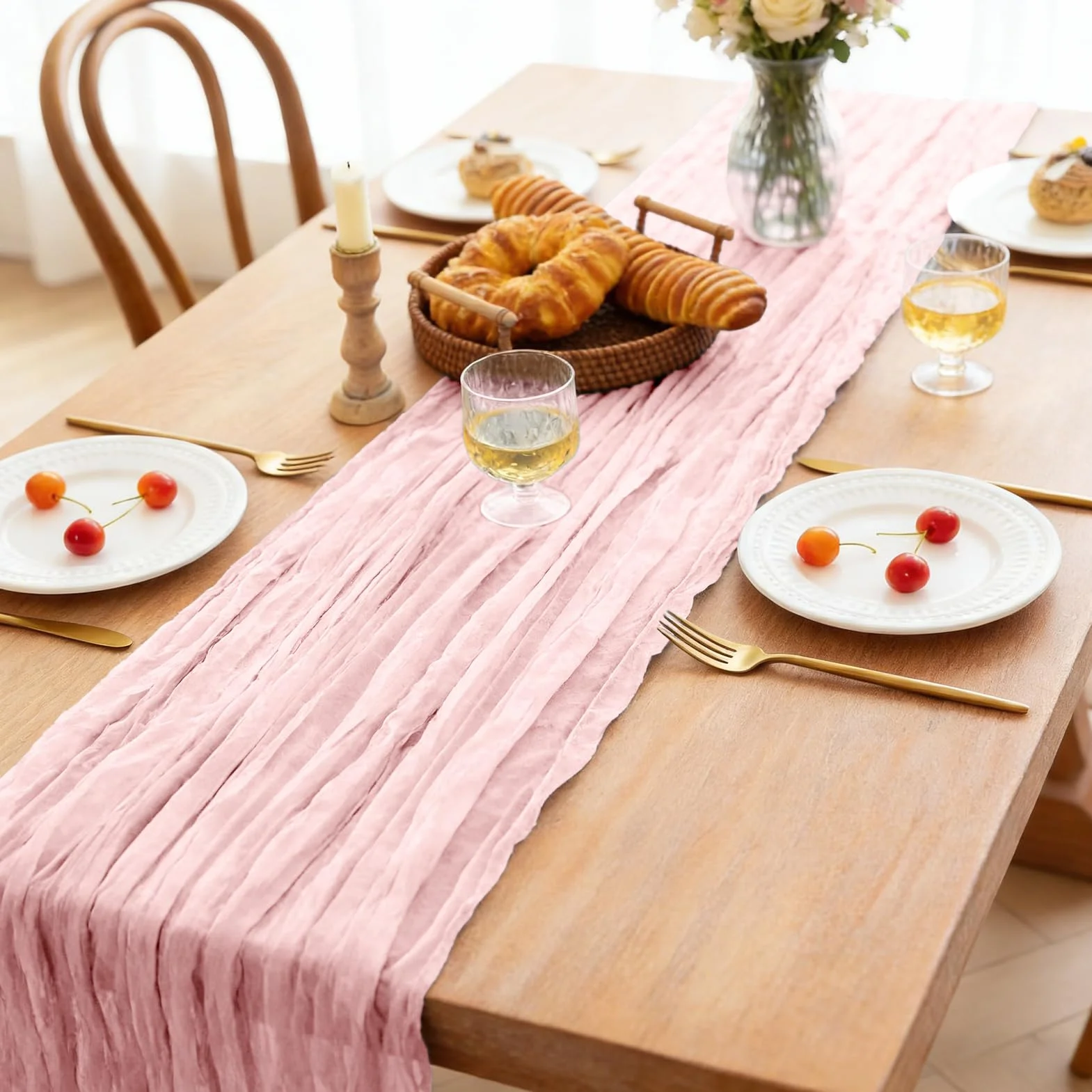 Rustykalny Boho Bieżnik z Gazy 300x90 cm Różowy 2 Sztuk na Wesela