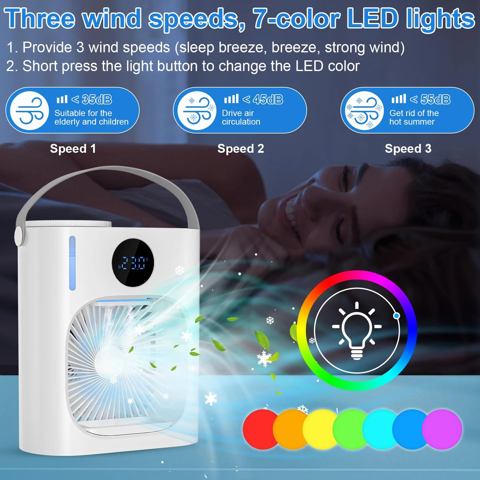 Mobilny klimatyzator 4 w 1 z chłodną mgiełką 900 ml przenośny mini wentylator USB 3 prędkości 7 kolorów światła