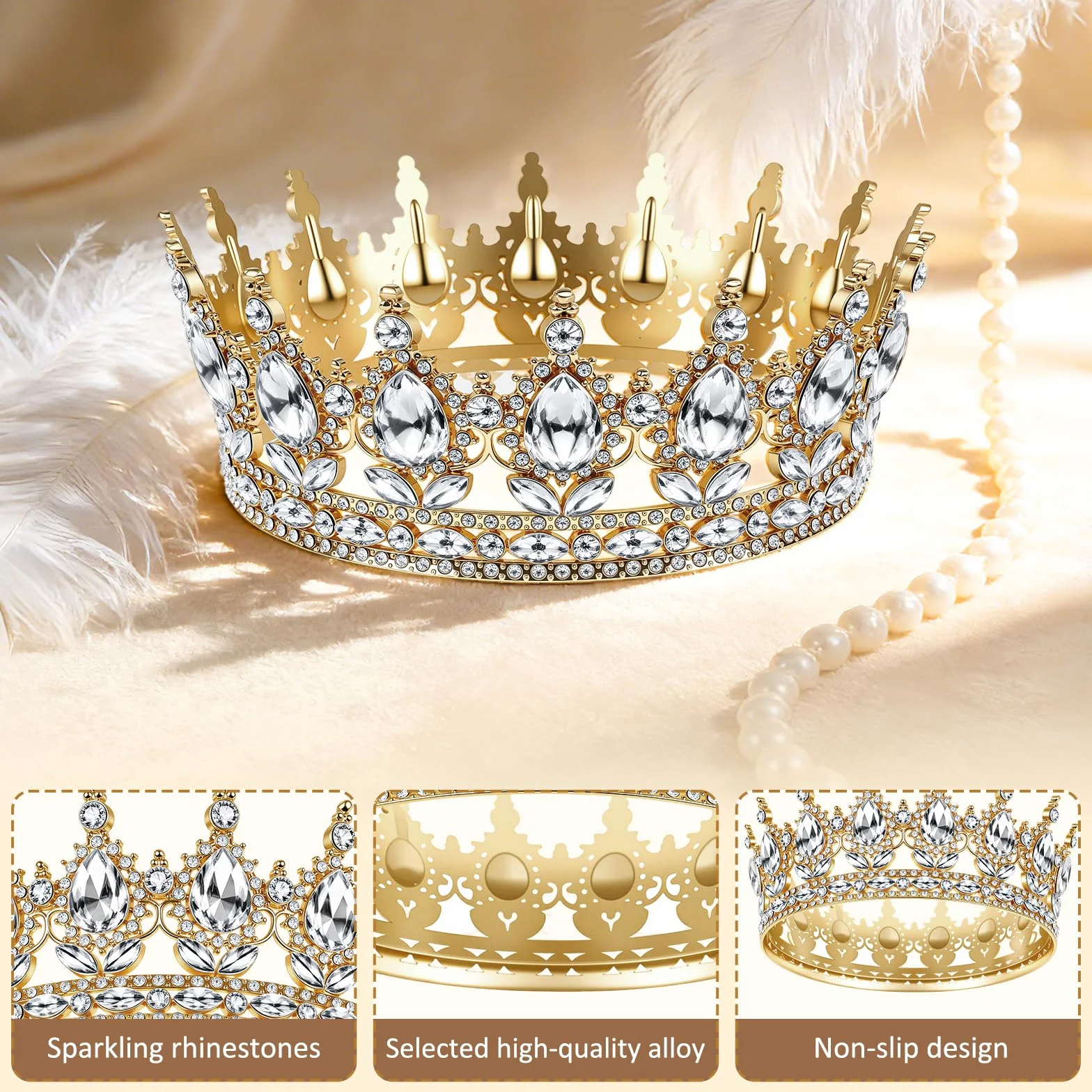 Pełna okrągła tiara dla dziewczynek, korona ze strasu, diadem dla panny młodej, kryształowa tiara barokowa, tiara księżniczki, z różowym pudełkiem na prezent, pasek na ramię w kolorze różowego złota
