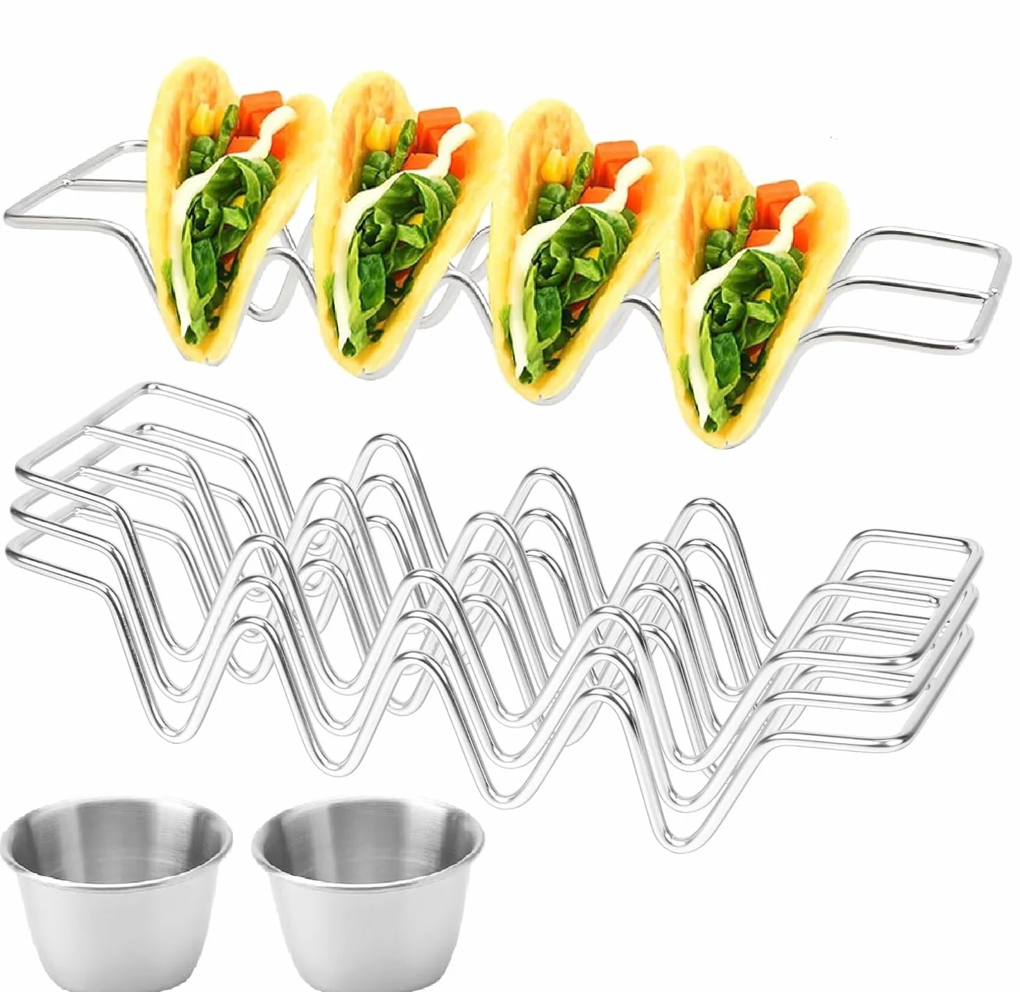 Uchwyt na taco ze stali nierdzewnej 3 sztuki z miseczkami na sos 70 ml