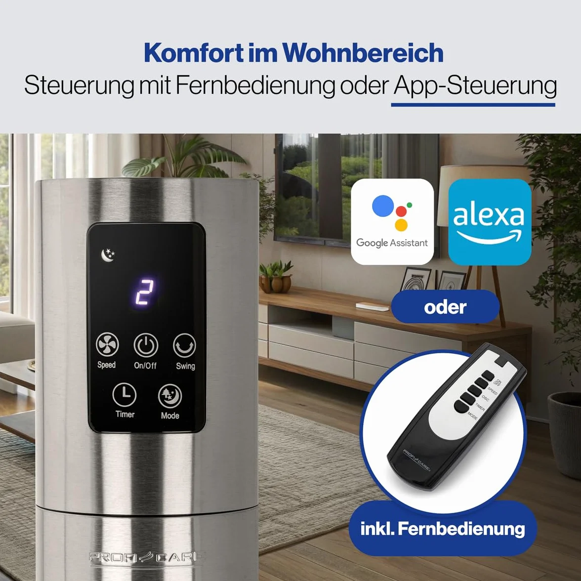 ProfiCare Wentylator kolumnowy PC-TVL 3090 wieża z wielofunkcyjnym pilotem zdalnego sterowania, wyświetlacz LED ze sterowaniem WiFi, elektroniczny timer, 3 poziomy prędkości, czarny/stal nierdzewna