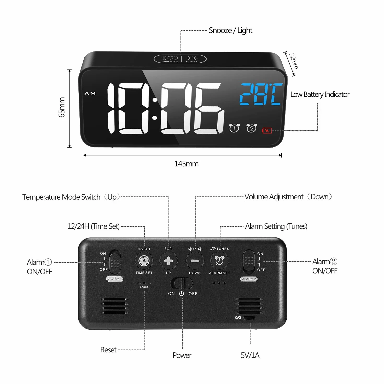 MOSUO Cyfrowy budzik LED z lustrem sterowanie głosowe temperatura USB 2 czasy budzenia drzemka regulowana jasność głośność czarny