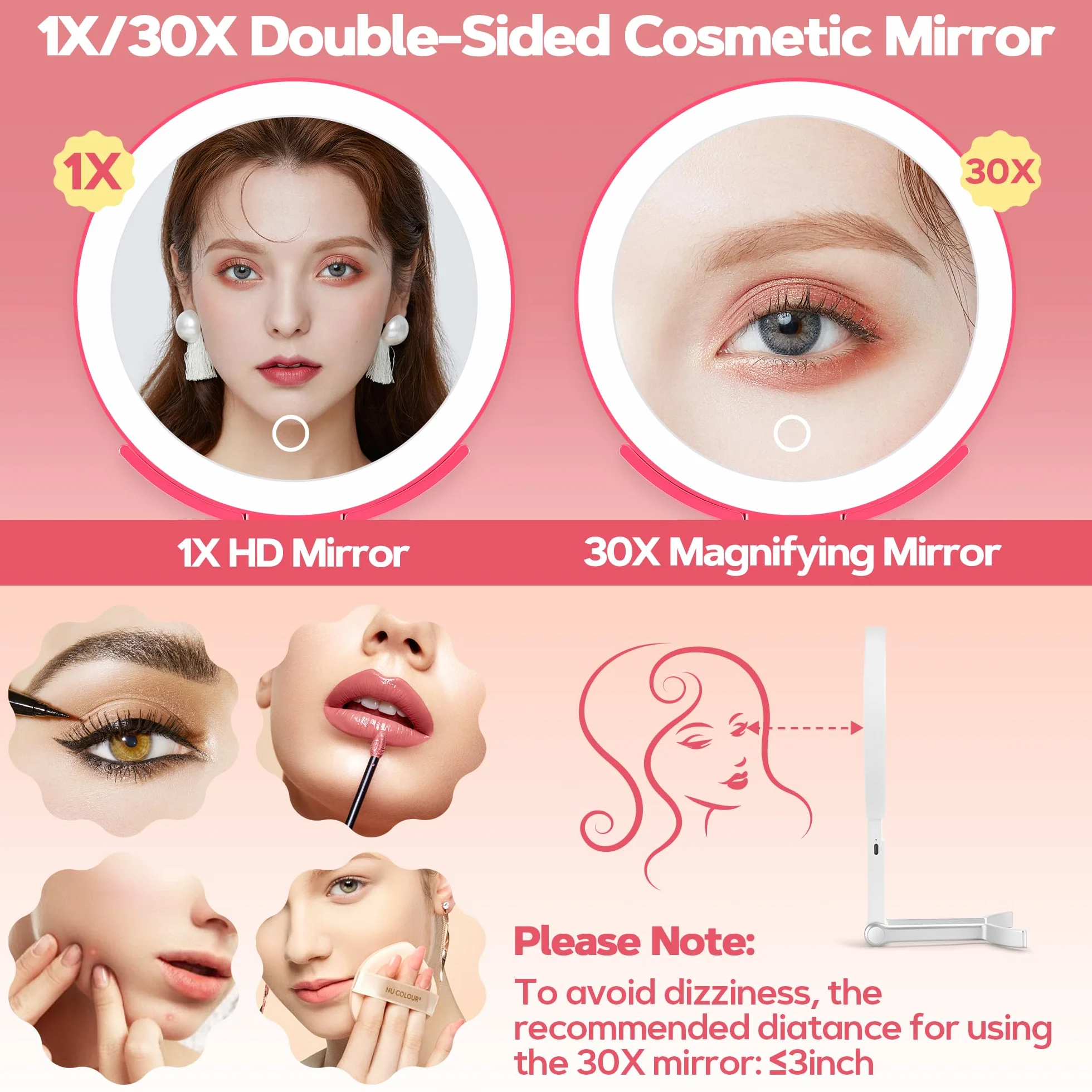 B Beauty Planet Lustro powiększające ze światłem 30X, dwustronne lusterko do makijażu, składane i ściemnialne, różowe
