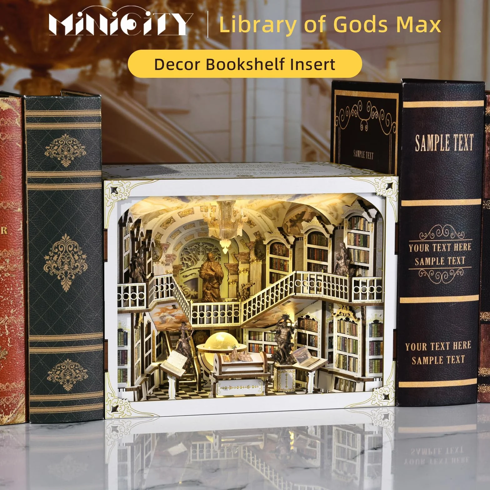 MiniCity Book Nook Kit, miniaturowy domek dla lalek, zestaw książek, drewniane puzzle 3D, podpórka na książki, dekoracja z oświetleniem LED, dla młodzieży i dorosłych (Library of Gods Max)