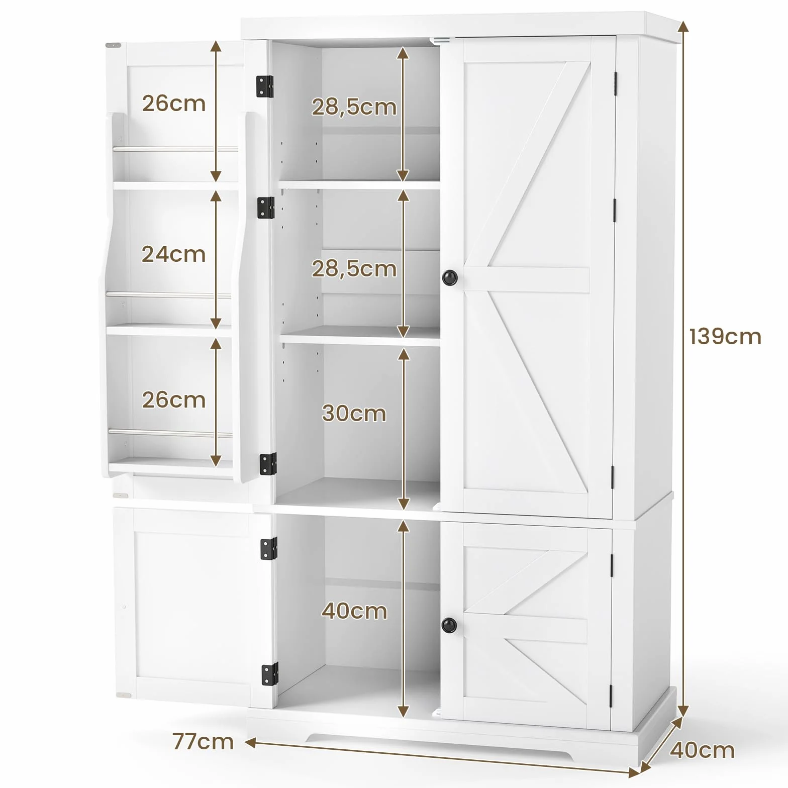 KOMFOTTEU Szafka kuchenna 4 drewniane drzwi 6 półek 2 regulowane półki 76,5x40x139 cm komoda do jadalni