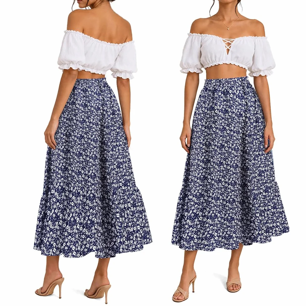 Aomig Długa spódnica damska, spódnice damskie w stylu vintage kwiatowy nadruk, elastyczne spódnice w kształcie litery A, spódnice damskie letnie eleganckie