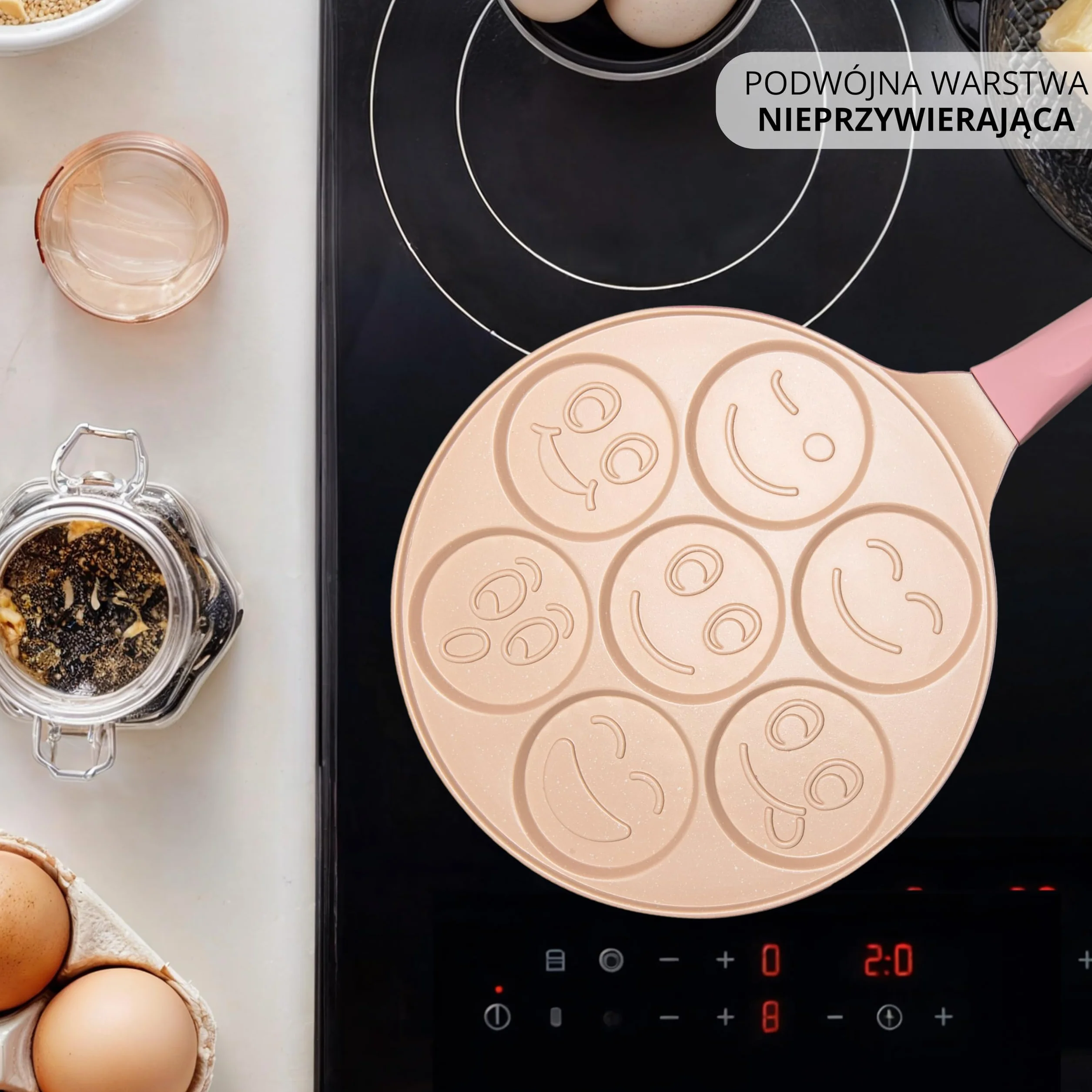 Erreke Patelnia do Naleśników, Patelnia do Crepes, 7 Mini Naleśników Jednocześnie, Podwójna Nieprzywierająca Powłoka, Do Wszystkich Typów Kuchni i Płyt Indukcyjnych, Uchwyt Soft Touch, 26 cm Różowa