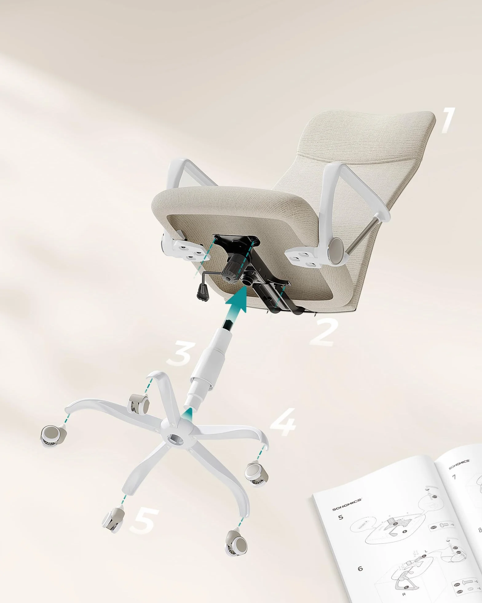 SONGMICS Fotel biurowy, ergonomiczne krzesło, obrotowe siedzisko, wyściełane siedzisko, regulacja wysokości i nachylenie, nośność 120 kg, beżowy Cappuccino OBN034K01