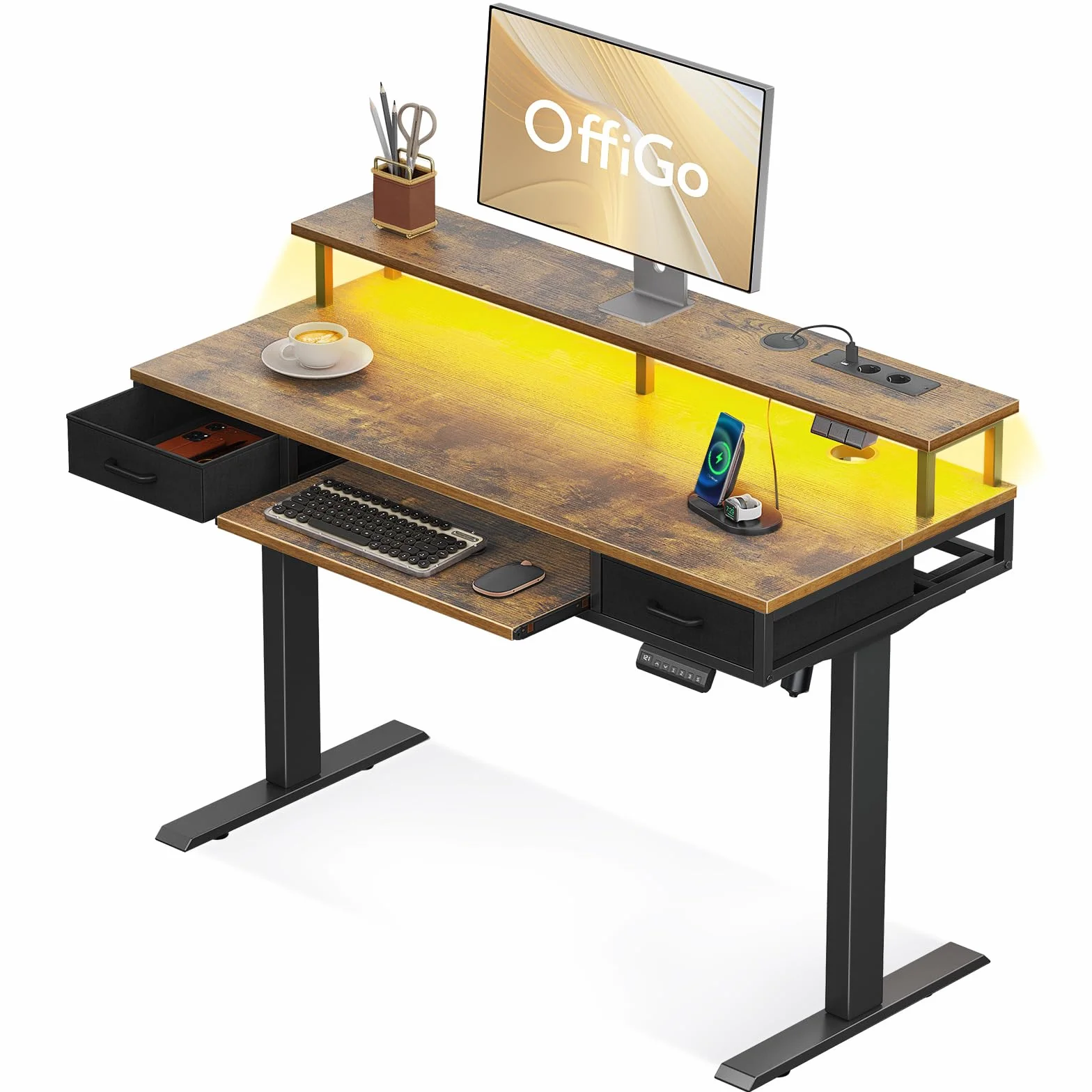 OffiGo Biurko elektryczne z regulacją wysokości, 120 cm, z 2 szufladami, biurko ze stojakiem na monitor i półką na klawiaturę do biura, styl vintage, brązowe