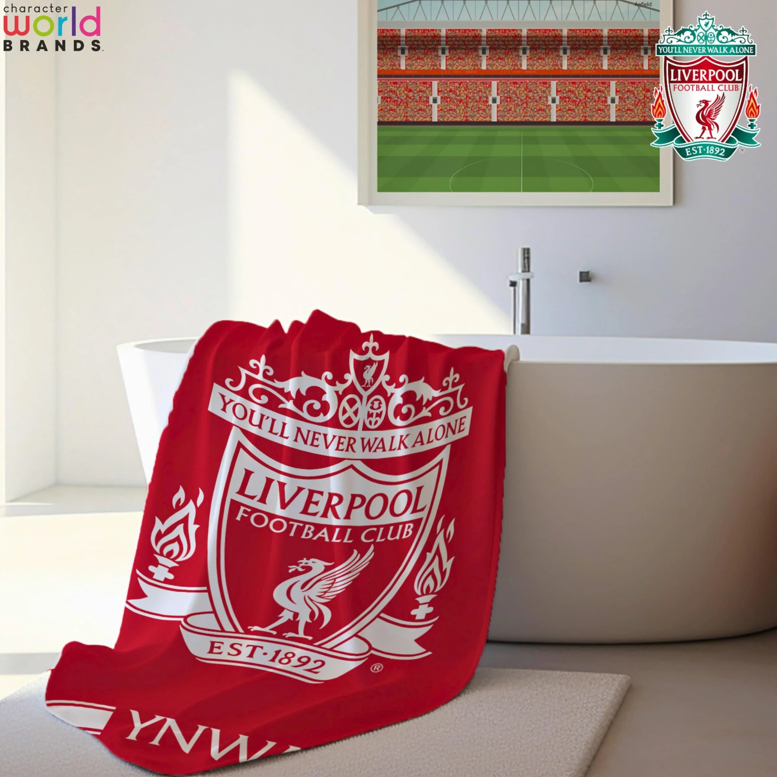Liverpool FC Oficjalny ręcznik Character World | super miękki w dotyku, projekt klubu piłkarskiego YNWA | idealny do domu, wanny, plaży i basenu, jeden rozmiar 75 cm x 150 cm | 100% bawełna