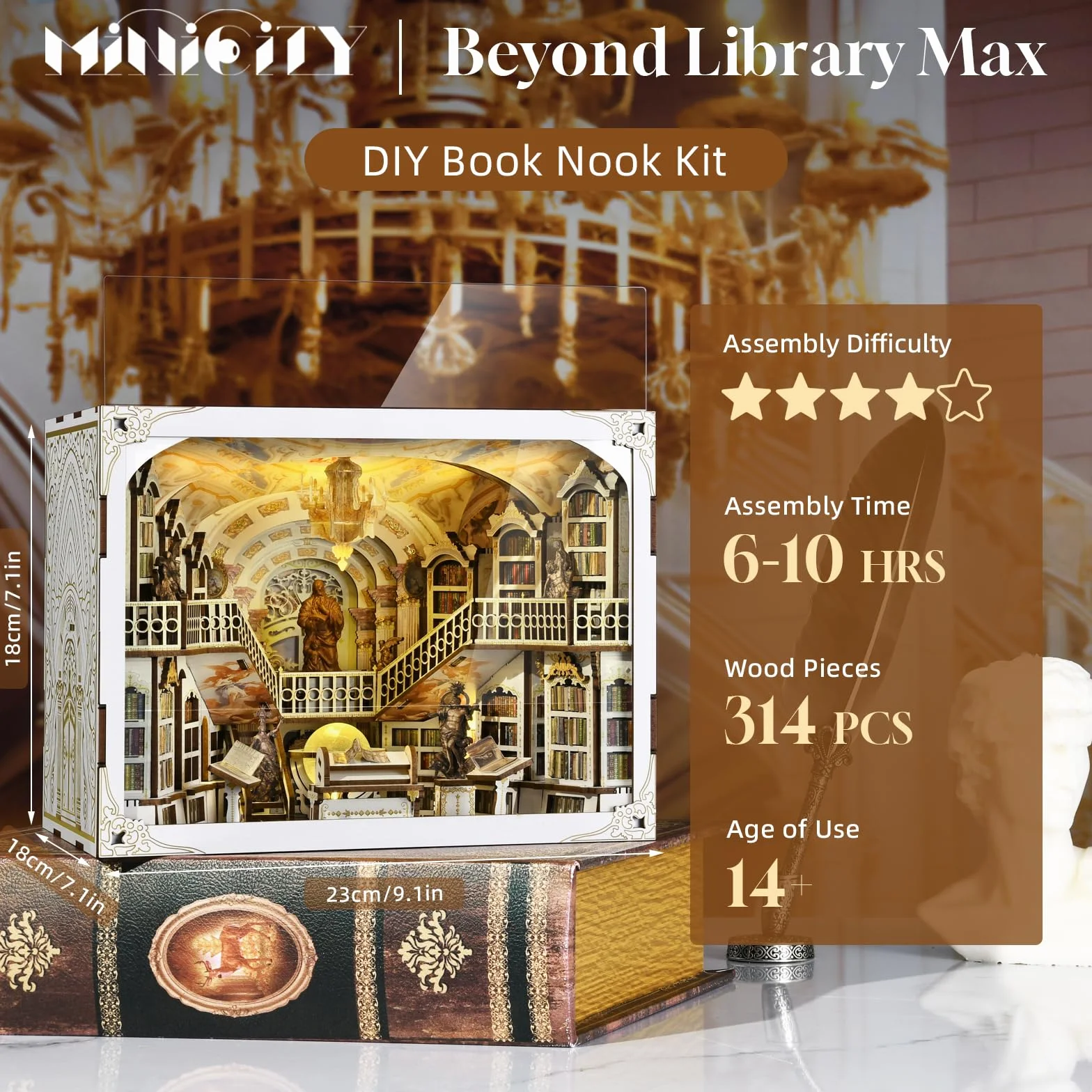 MiniCity Book Nook Kit, miniaturowy domek dla lalek, zestaw książek, drewniane puzzle 3D, podpórka na książki, dekoracja z oświetleniem LED, dla młodzieży i dorosłych (Library of Gods Max)