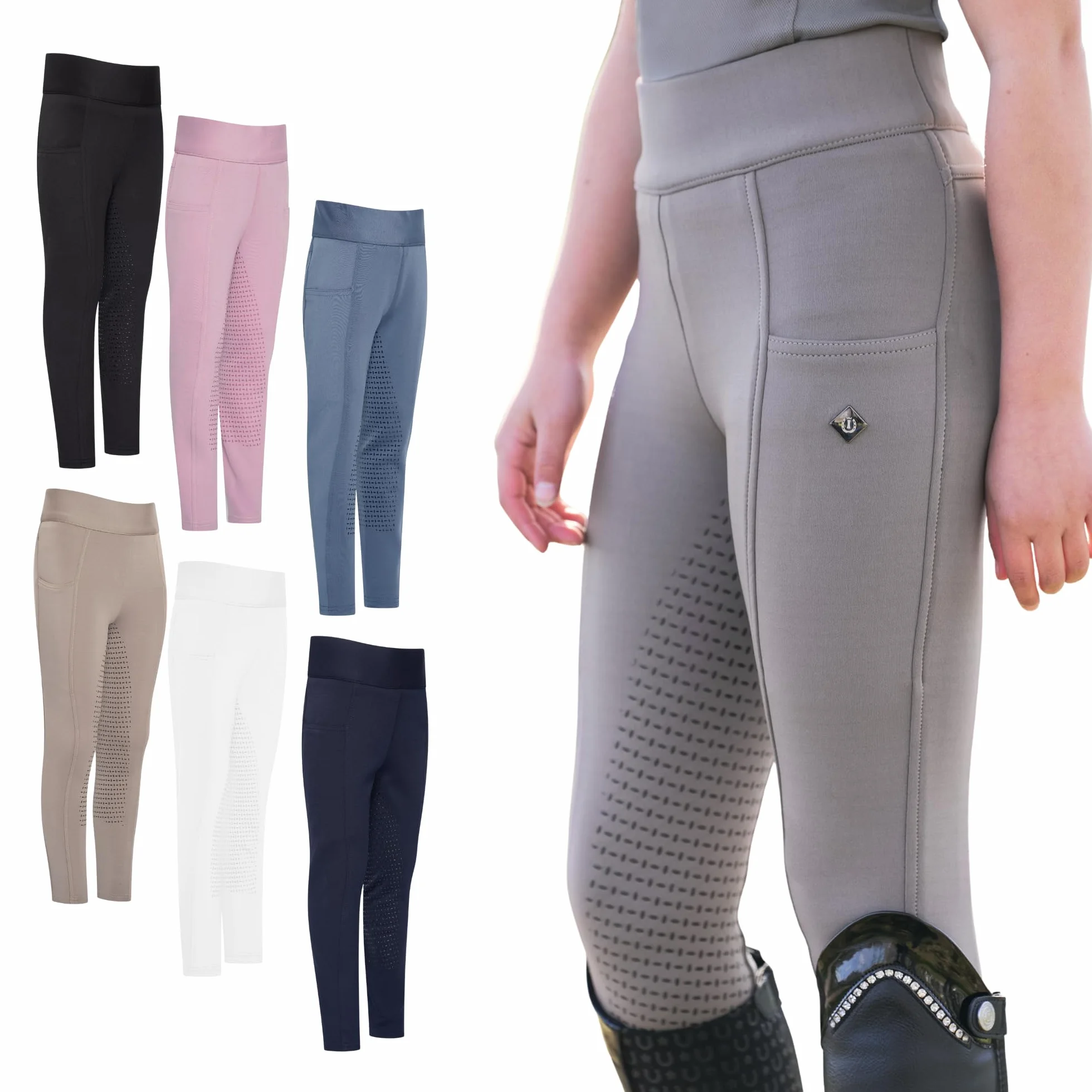 Imperial Riding Legginsy do jazdy konnej Tessy Light, legginsy dla dzieci, elastyczne spodnie z wysokim stanem, dwie boczne kieszenie na telefon komórkowy, bryczesy z silikonowym obszyciem kolan