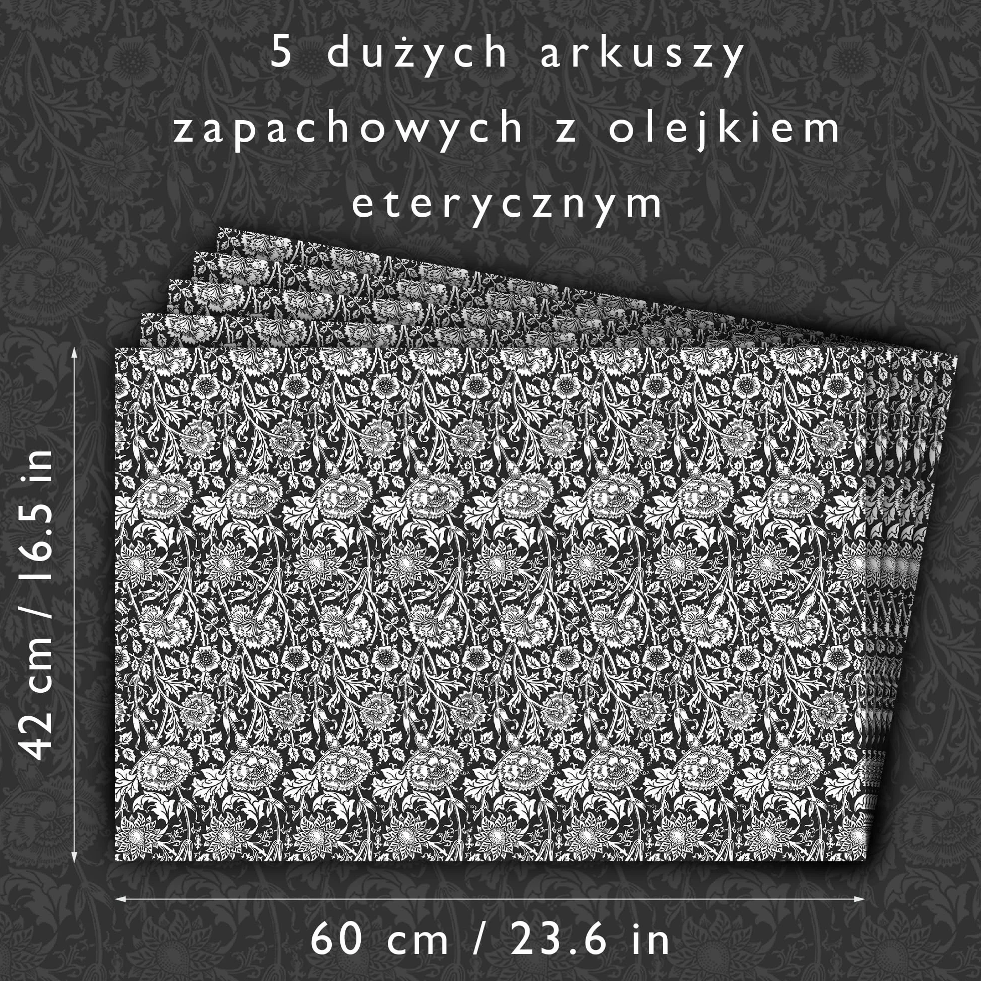 Wkładki do szuflad o zapachu drzewa sandałowego czarne William Morris Pink & Rose 5 arkuszy 60 x 42 cm z olejkiem eterycznym