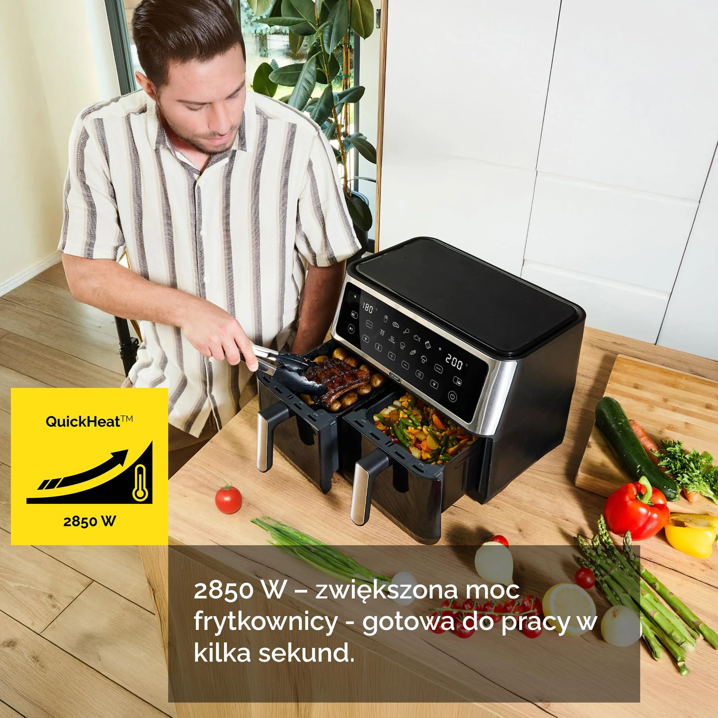 Yoer Frytkownica beztłuszczowa 10L, Airfryer, 6w1, 2850W, 2 niezależne komory, Nieprzywierająca powłoka, 10 automatycznych programów, Możliwość mycia misy w zmywarce, DualCrisp AF02BK, czarna