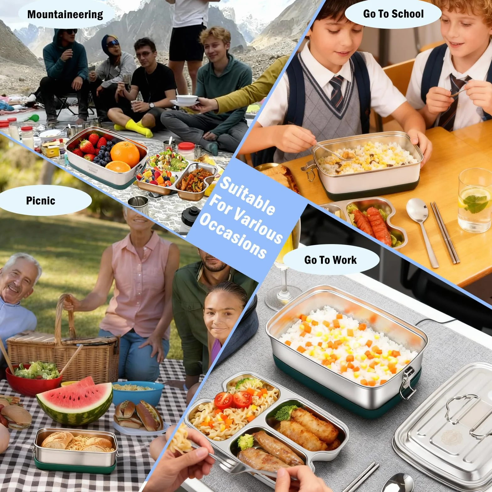 2000ml Pojemnik Obiadowy ze Stali Nierdzewnej z Pokrywą, 3 Przegródki i Podwójna Warstwa, Ekologiczny Trwały i Szczelny Lunch Box, do Podróż, Szkoły, na Piknik lub w Pracy
