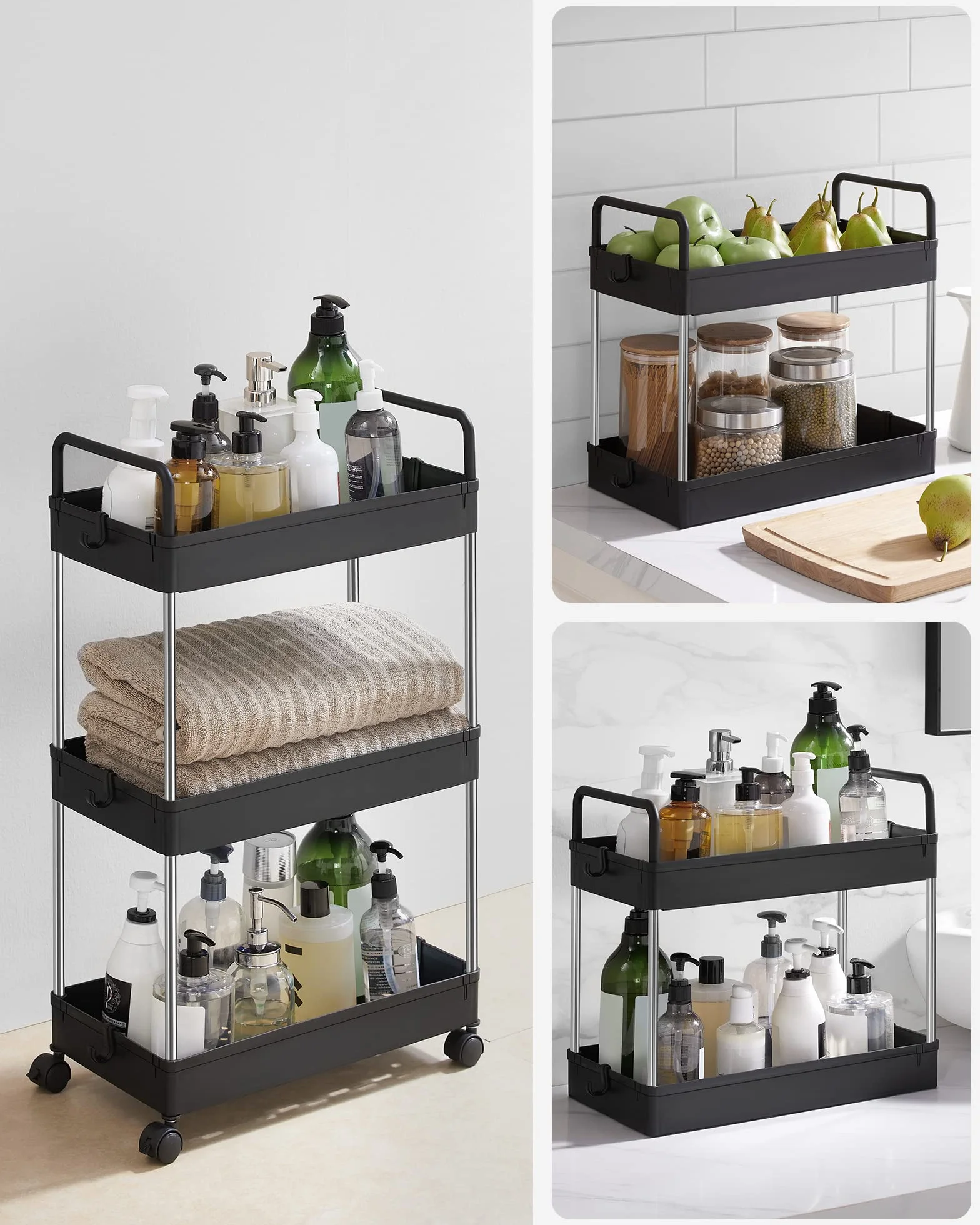 SONGMICS Wózek kuchenny z 3 poziomami, 23,6 x 42 x 67,6 cm, czarny KSC019B01