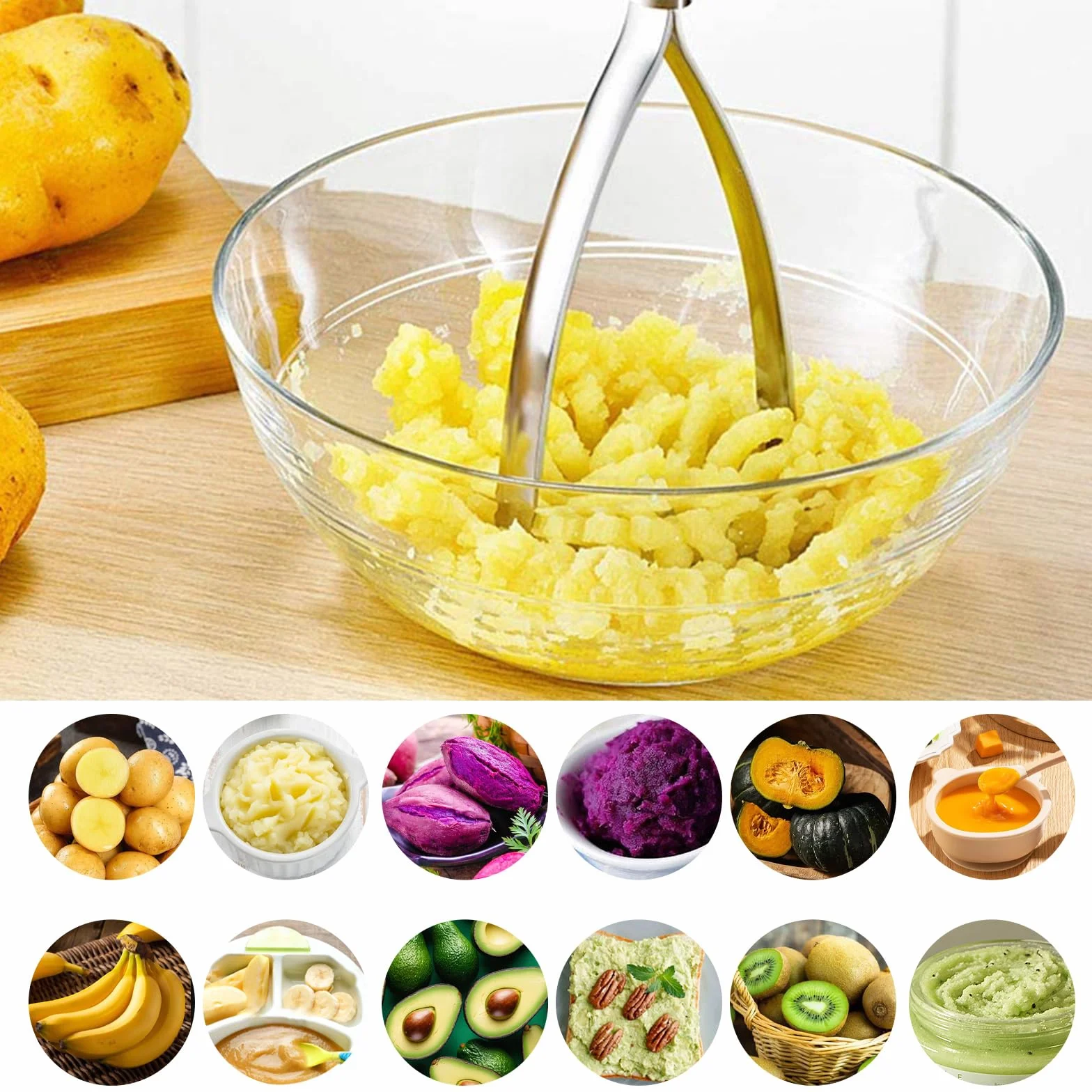ASelected Tłuczek do ziemniaków, stal nierdzewna, z długim uchwytem, do warzyw, nadaje się do mycia w zmywarce, do tłuczonych ziemniaków, kremowych puree (315 x 80 mm)
