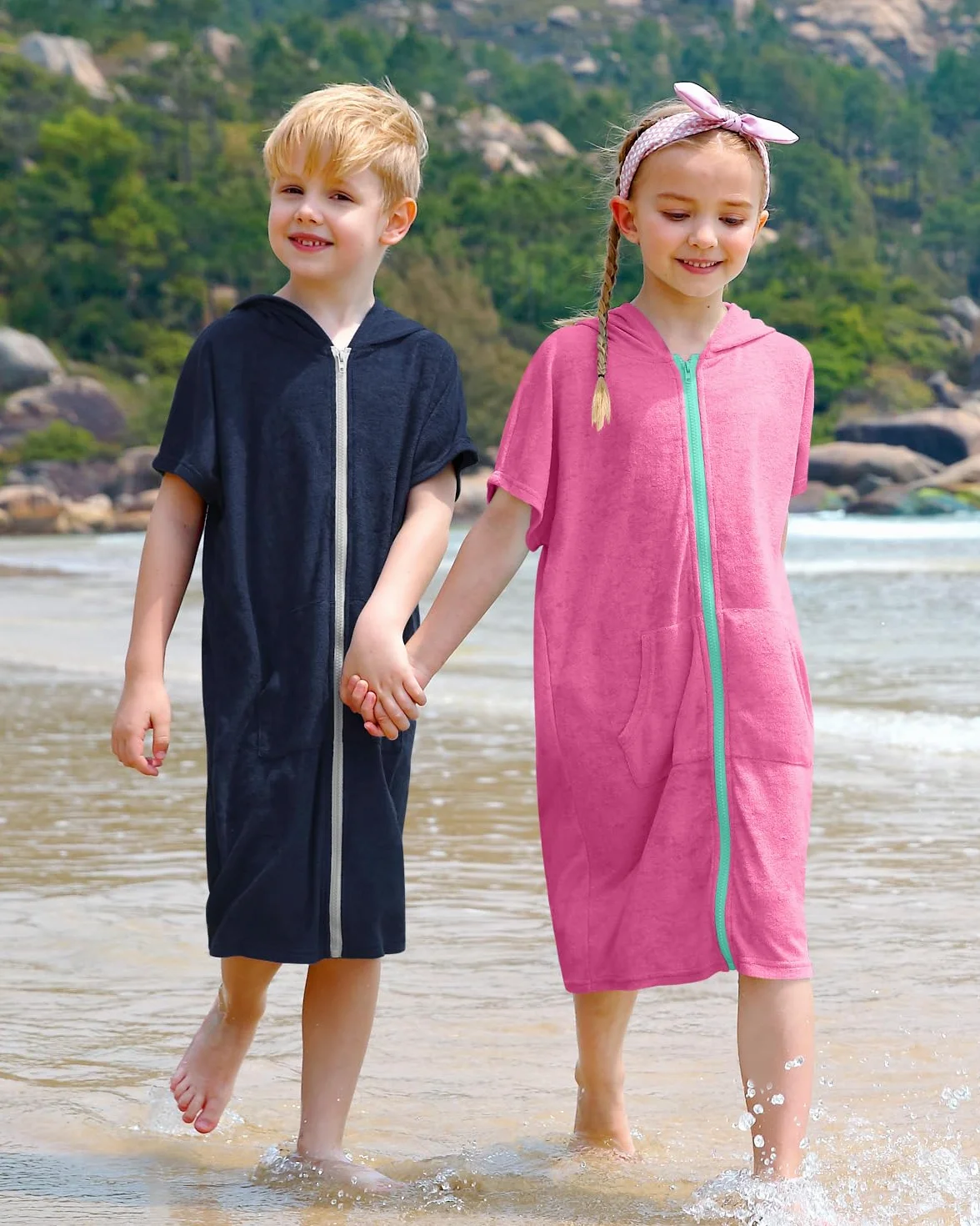 BesserBay Ponczo kąpielowy dla dziewczynek i chłopców, ręcznik frotte, szlafrok z kapturem, ponczo z kieszeniami, odzież plażowa unisex dla dzieci 120-160, Rosa, 140