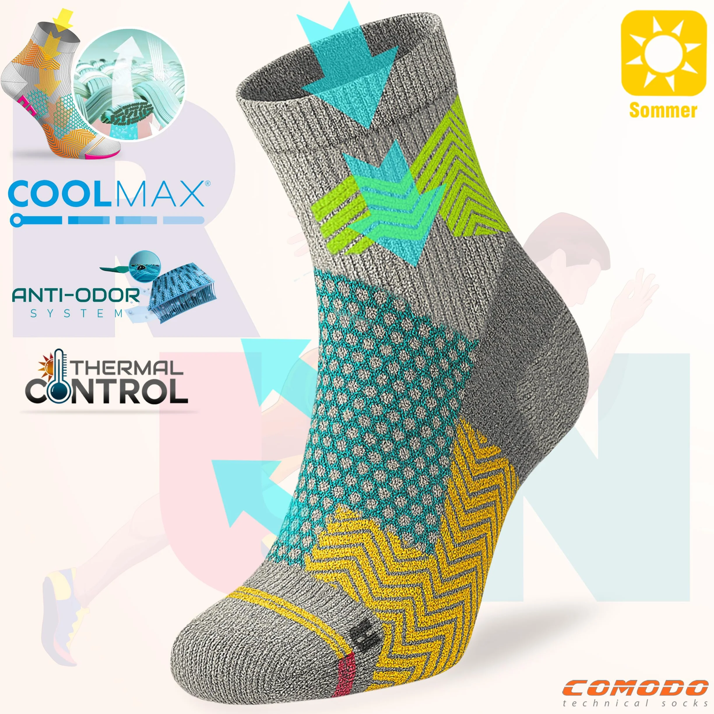 COMODO TECHNICAL SOCKS - Skarpety Do Biegania i Joggingu - Szybkoschnące, Lato, z Włókna Coolmax, Wygodne, Oddychające, Na Co Dzień, Trwałe, Komfortowe - RUN4