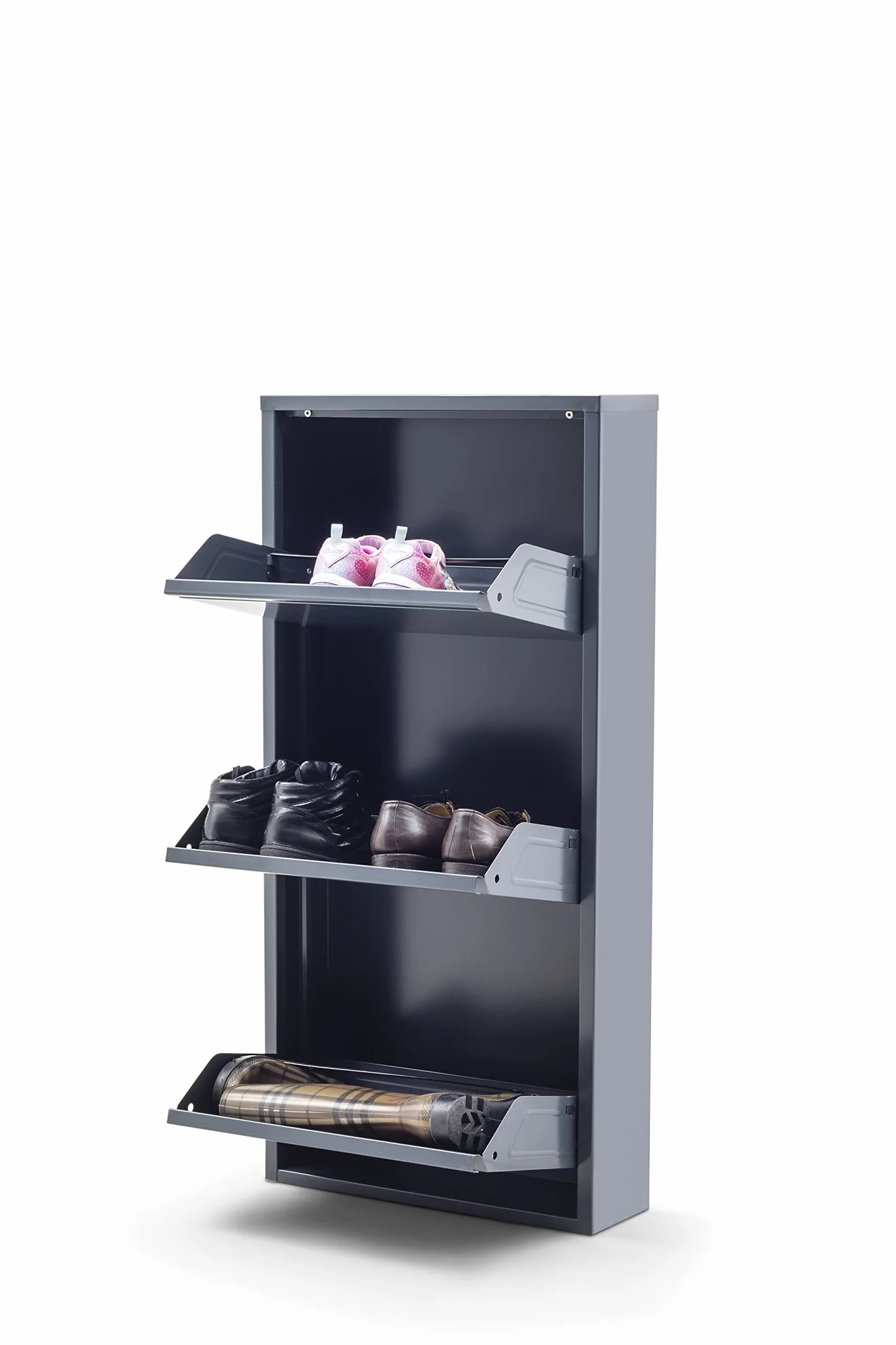 Metalowa wąska szafka na buty uchylna z klapkami magnetycznymi antracyt 3 klapy