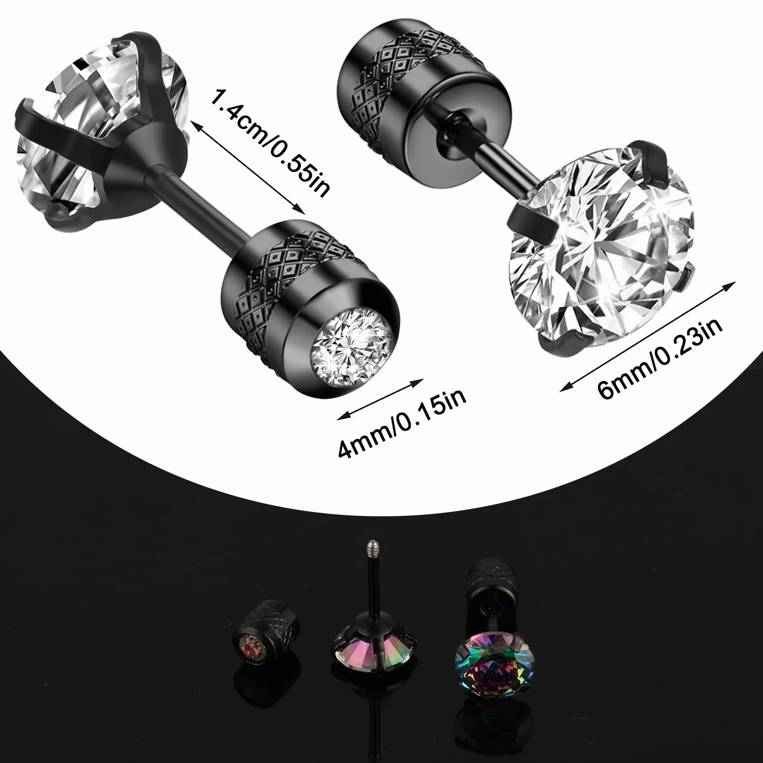 DIVINA VITAE 4 pary kolczyków sztyfty z tytanowych kolczyków ze stali chirurgicznej i cyrkonii sześciennej 3A, hipoalergiczne, kolczyki helix, 4 mm/6 mm/14 mm, kolorowe