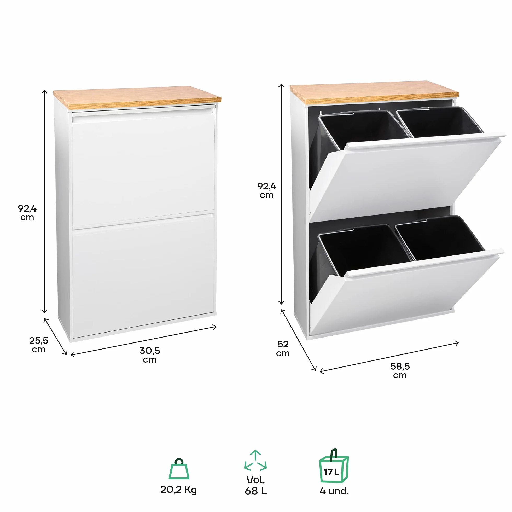 Arregui Basic CR601-B z blatem, wiadro na śmieci i recykling ze stali 4 wiadra, szafka do recyklingu z blatem, 4 x 17L (68L) (biały z blatem dębowym)