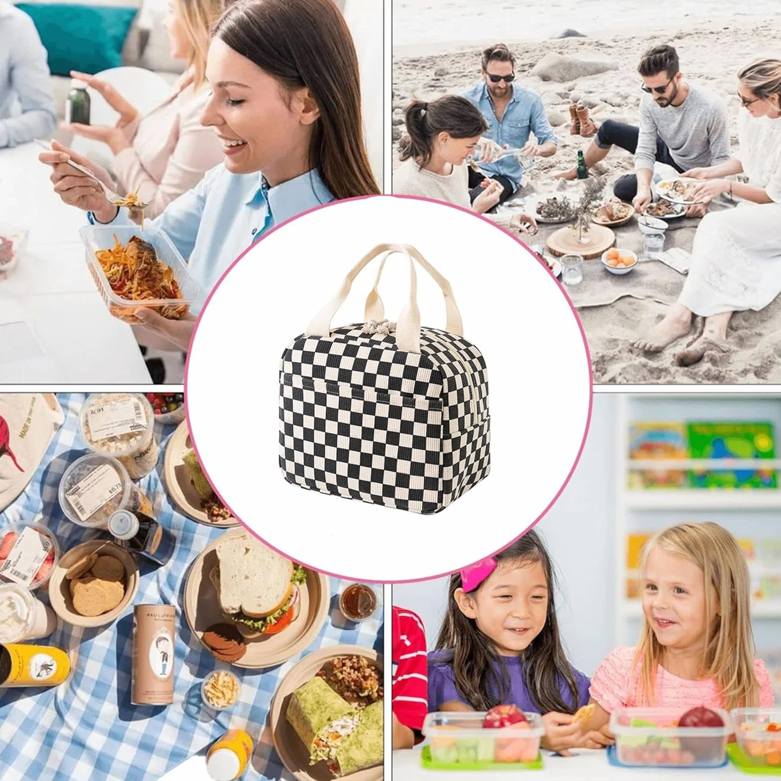 Izolowana torba na lunch sztruksem chłodząca organizer na obiad dla kobiet czarno-biała
