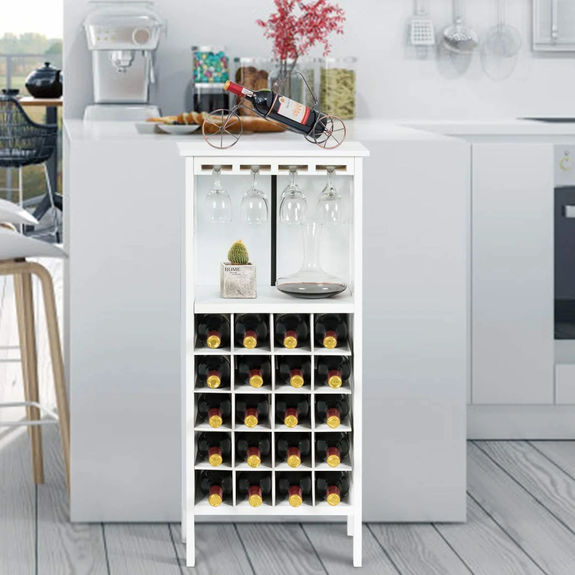 COSTWAY Szafka na wino 20 butelek drewniany regał z uchwytem na szkło 42x24,5x96 cm biała