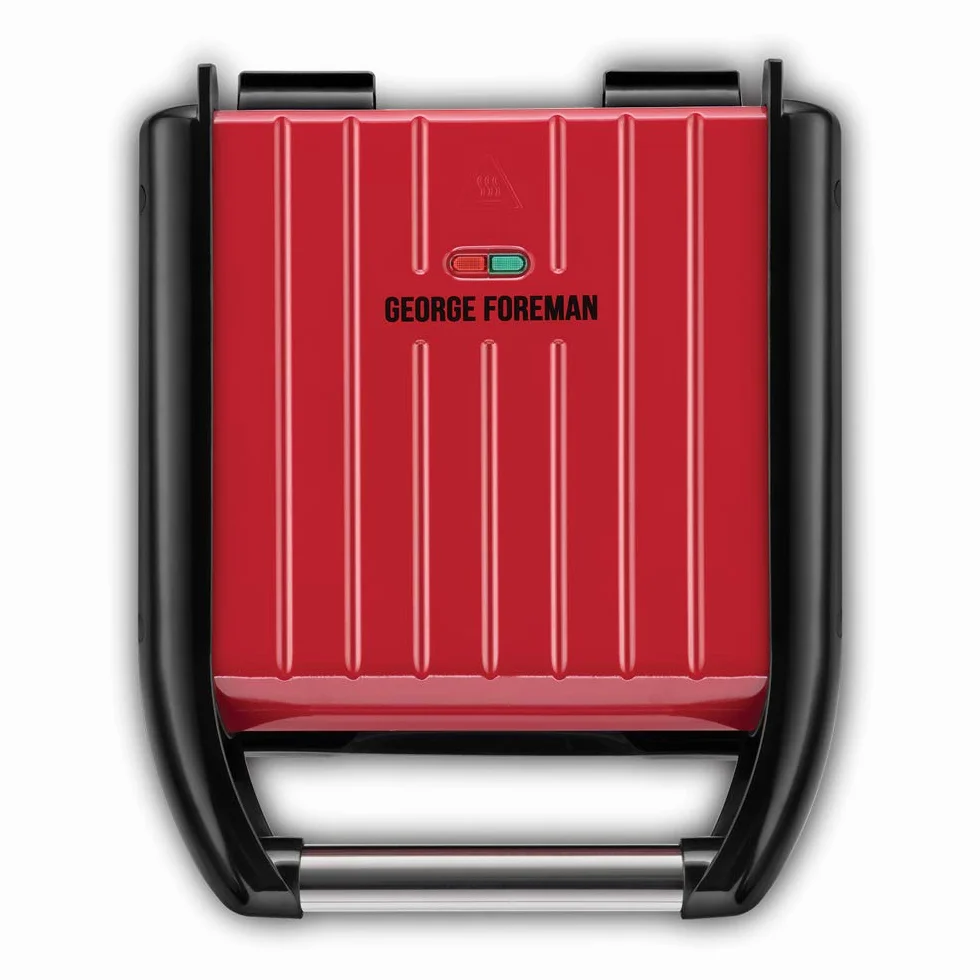 George Foreman grill elektryczny, redukujący ilość tłuszczu, wyjmowane płyty z powłoką nieprzywierającą, ruchome zawiasy, moc 1200W, czerwony, Steel Compact 25030-56