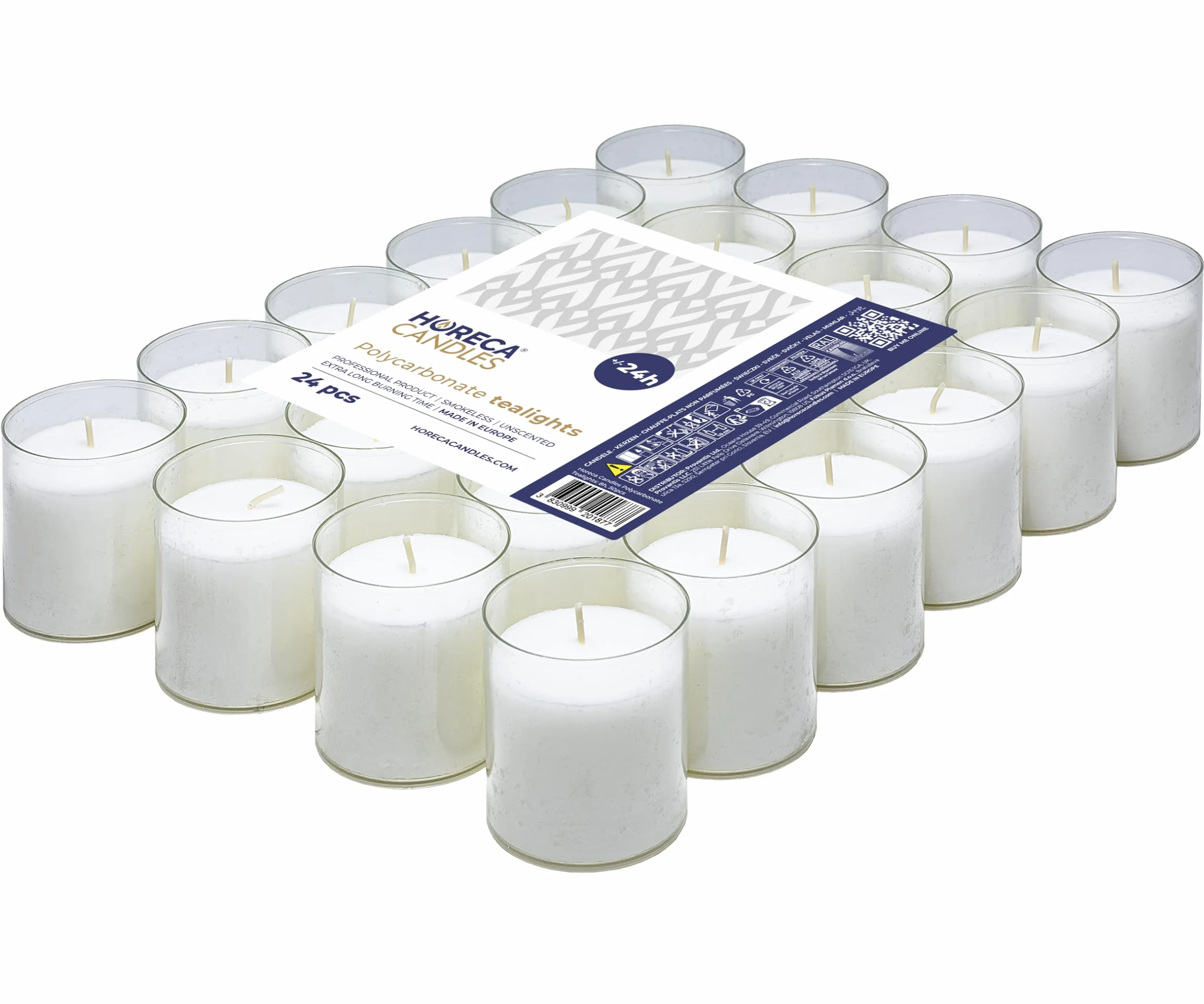 Horeca Candles Białe świece tealight czas trwania 24 godziny, zestaw 24 świec zapachowych, przezroczysty plastikowy kubek, podgrzewacze na wesele, do dekoracji, dla gastronomii