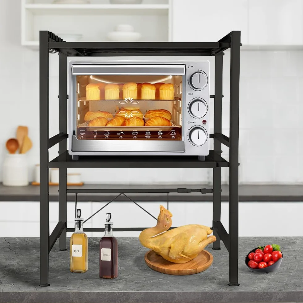 BUTUN Stojak na mikrofalówkę 2 poziomy wysuwany regał kuchenny z haczykiem czarny